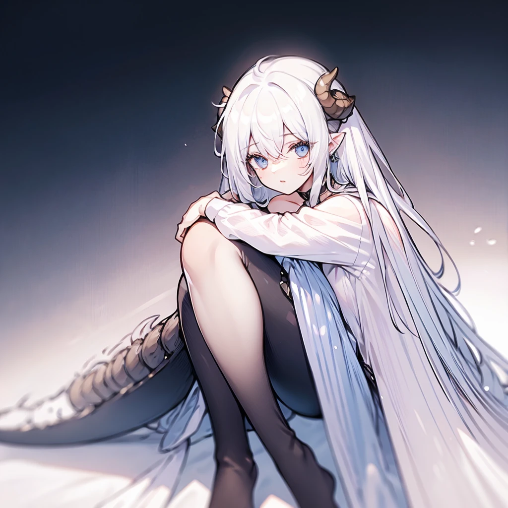 ((masterpiece)), ((bestquality)), 1 girl, solo, a ****************, white hair, blue eyes, detailed face, dragonian_head, dragonian_body, dragonian_hairstyle, dragonian_horns, dragonian_tail, white tail, white long dress, black choker, silver circlet on head, close range, ((hugging own legs)), sitting,  ((white background))