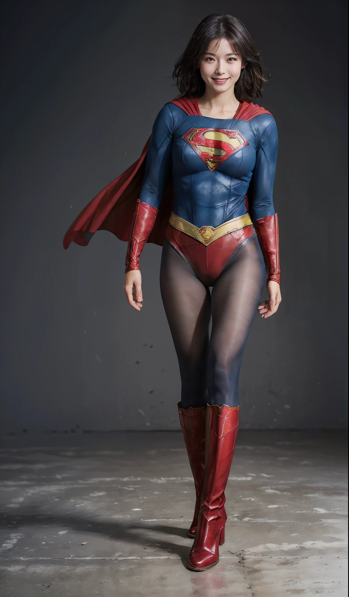 No background、(((Beautiful legs in black tights.)))、(((Legally express the beauty of your smile)))、((((Make the most of your original images)))、(((Supergirl Costume)))、(((ボディにフィットしたSupergirl Costume)))、(((Short beautiful hair)))、(((Smiles and winks)))、(((Please wear black tights....、Wear red boots)))、((Best image quality、8k))、((highest quality、8k、masterpiece:1.3))、(((Preserve background )))、Sharp focus:1.2、Beautiful woman with perfect figure:1.4、Slim Abs:1.2、Wet body:1.5、Highly detailed face and skin texture、8k