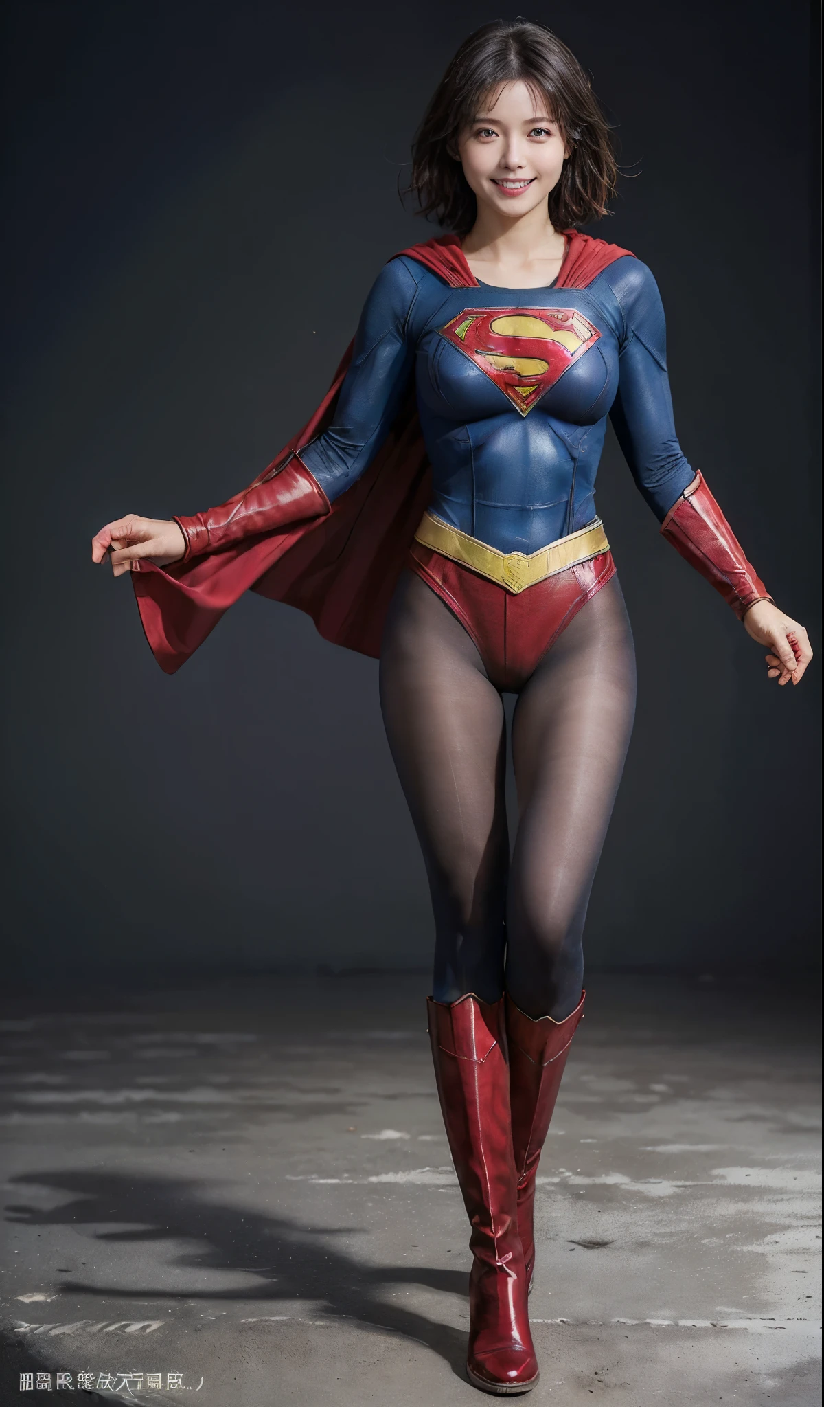 No background、(((Beautiful legs in black tights.)))、(((Legally express the beauty of your smile)))、((((Make the most of your original images)))、(((Supergirl Costume)))、(((ボディにフィットしたSupergirl Costume)))、(((Short beautiful hair)))、(((Smiles and winks)))、(((Please wear black tights....、Wear red boots)))、((Best image quality、8k))、((highest quality、8k、masterpiece:1.3))、(((Preserve background )))、Sharp focus:1.2、Beautiful woman with perfect figure:1.4、Slim Abs:1.2、Wet body:1.5、Highly detailed face and skin texture、8k