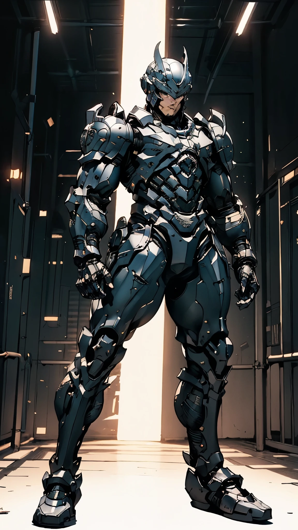 A man wearing a full-face helmet, a fantasy-style biotech armored combat suit, green eyes, (a composite layered chest armor), fully enclosed shoulder guards, matching arm and leg guards, the belt is adorned with fangs biting into orbs, (the color scheme is primarily black with red accents), the design balances heavy with agility, a high-tech bio-mecha armor, (Bat concept Armor, stand on the top of a skyscraper in a futuristic sci-fi city), this character embodies a finely crafted fantasy-surreal style armored hero in anime style, exquisite and mature manga art style, (element, plasma, energy, the armor glows), ((male:1.5)), metallic, real texture material, dramatic, high definition, best quality, highres, ultra-detailed, ultra-fine painting, extremely delicate, professional, perfect body proportions, golden ratio, anatomically correct, symmetrical face, extremely detailed eyes and face, high quality eyes, creativity, RAW photo, UHD, 32k, Natural light, cinematic lighting, masterpiece-anatomy-perfect, masterpiece:1.5