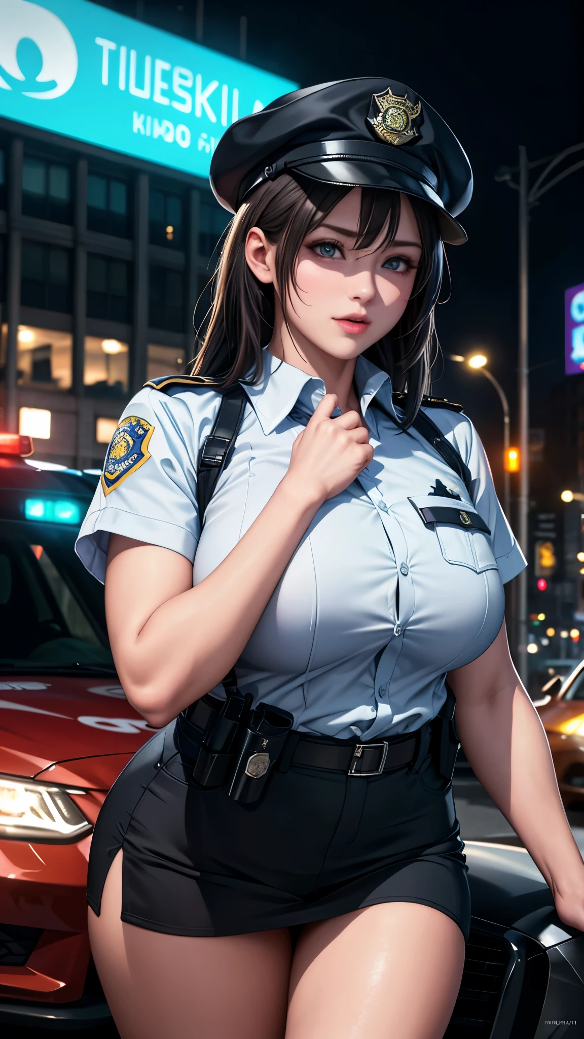（best quality,4k,8k,highres,masterpiece:1.2),ultra-detailed,(realistic,photorealistic,photo-realistic:1.37),HDR,UHD,studio lighting,ultra-fine painting,sharp focus,physically-based rendering,extreme detail description,professional,vivid colors,bokeh,portrait,1 girl,((cat′s eye)),(very shirt hair),(police officer),downtown,police car,neon light,cap