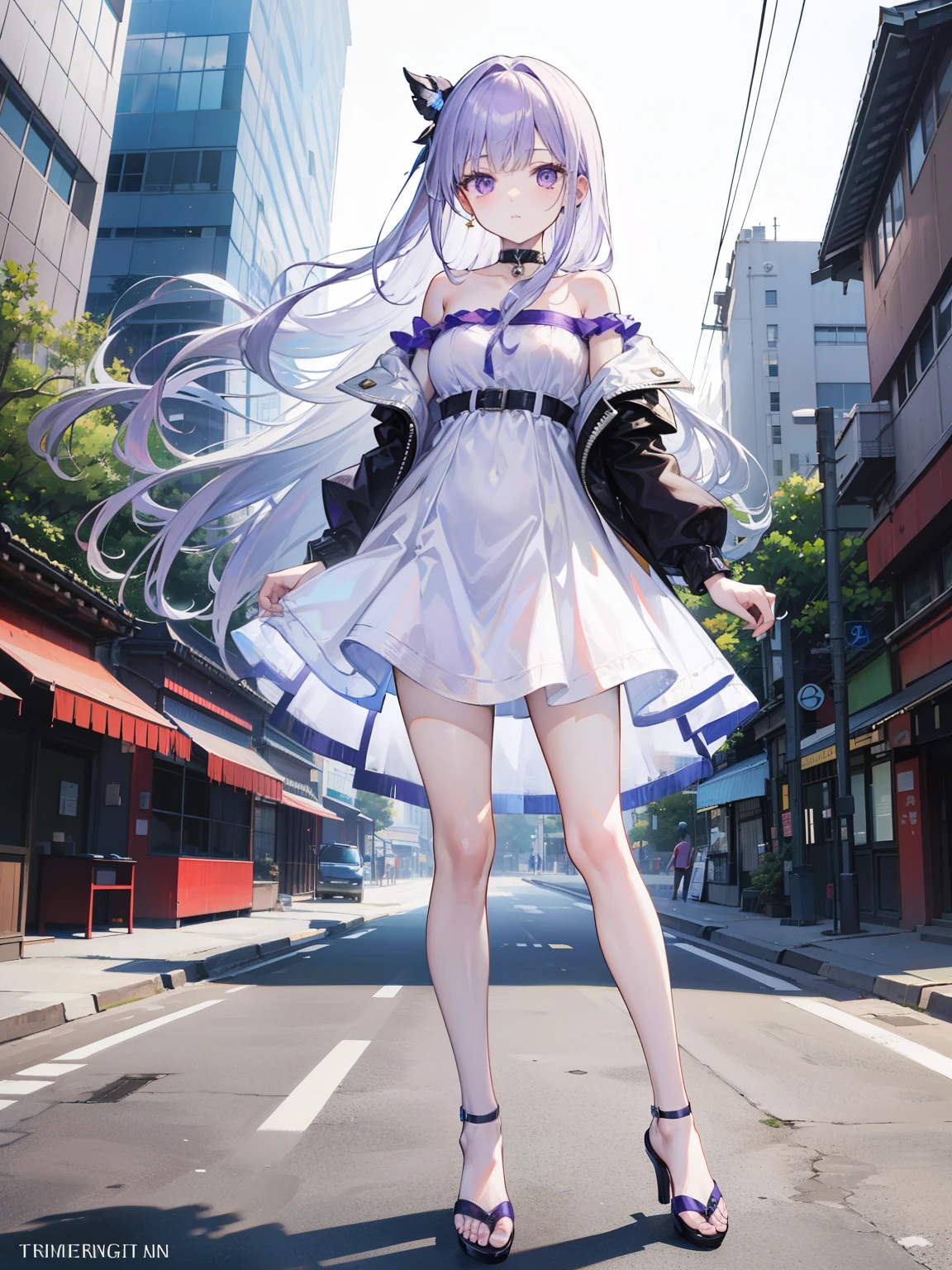 Dynamic posing, dynamic angle,Top quality work,((summer)), Show Legs,8K, photo image, masterpiece,super resolution ,(long silver-purple hair),(purple eyes), Pale light and shadow, Very bright white background, 1 girl,((denim slim Dresses)),((Strapless Tube denim Dresses Off Shoulder)),((Bodycon Mini Dress)), ((without sleeves)),black heels, (at the tokyo street),small round chest, only dress, full-body view,((building in the background)