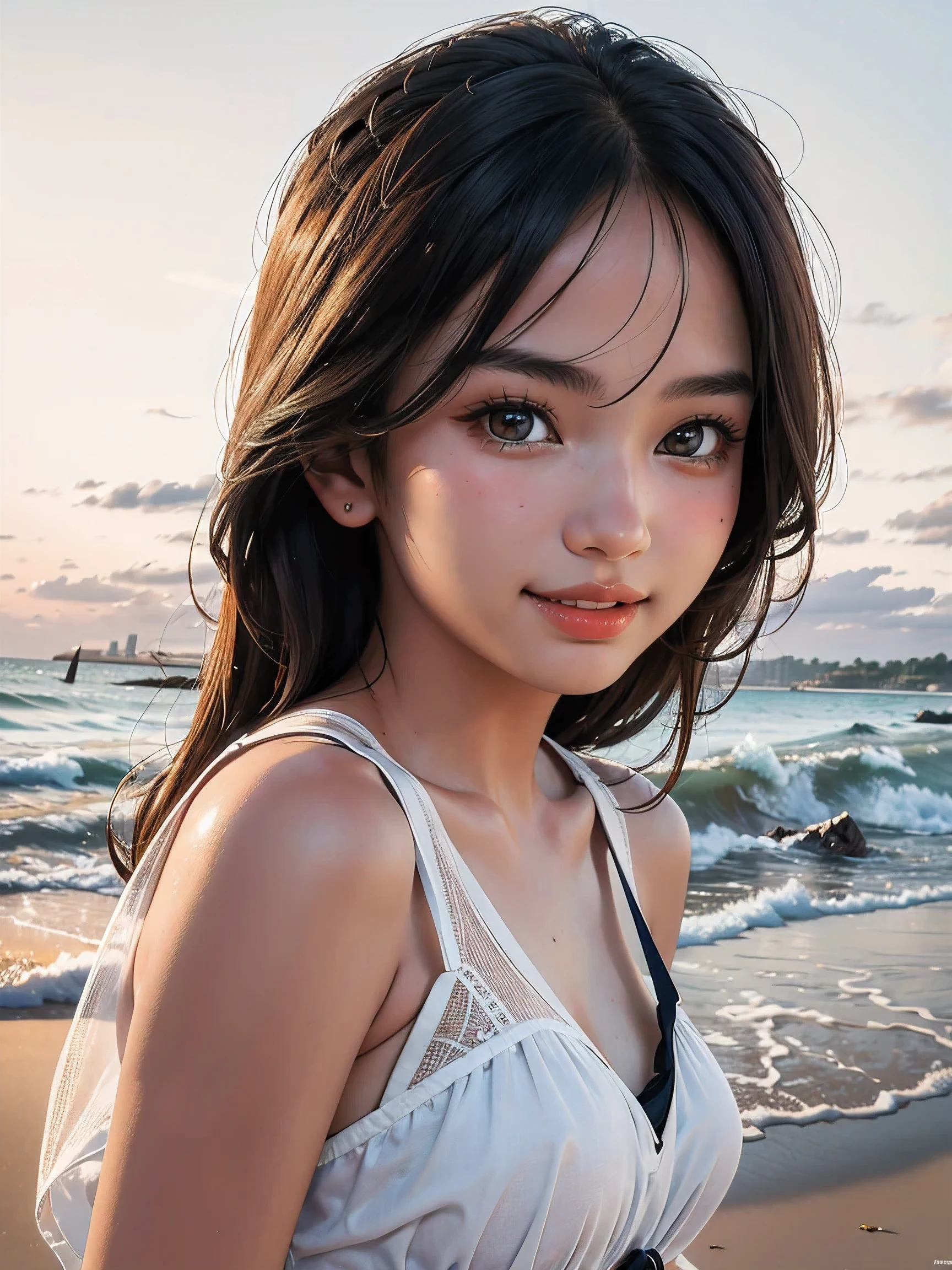 (RAW photo:1.2), (photorealistic:1.4),(masterpiece:1.3),(best quality:1.4),ultra high res,HDR,8k, (extreme detailed illustration), 1 girl, detailed beautiful face, young girl, long curl hair,smile,solo, look at viewer,clear background, on the beach, depth of field, natural lighting,(see-through silhouette),ulzzang-6500-v1.1:0.7