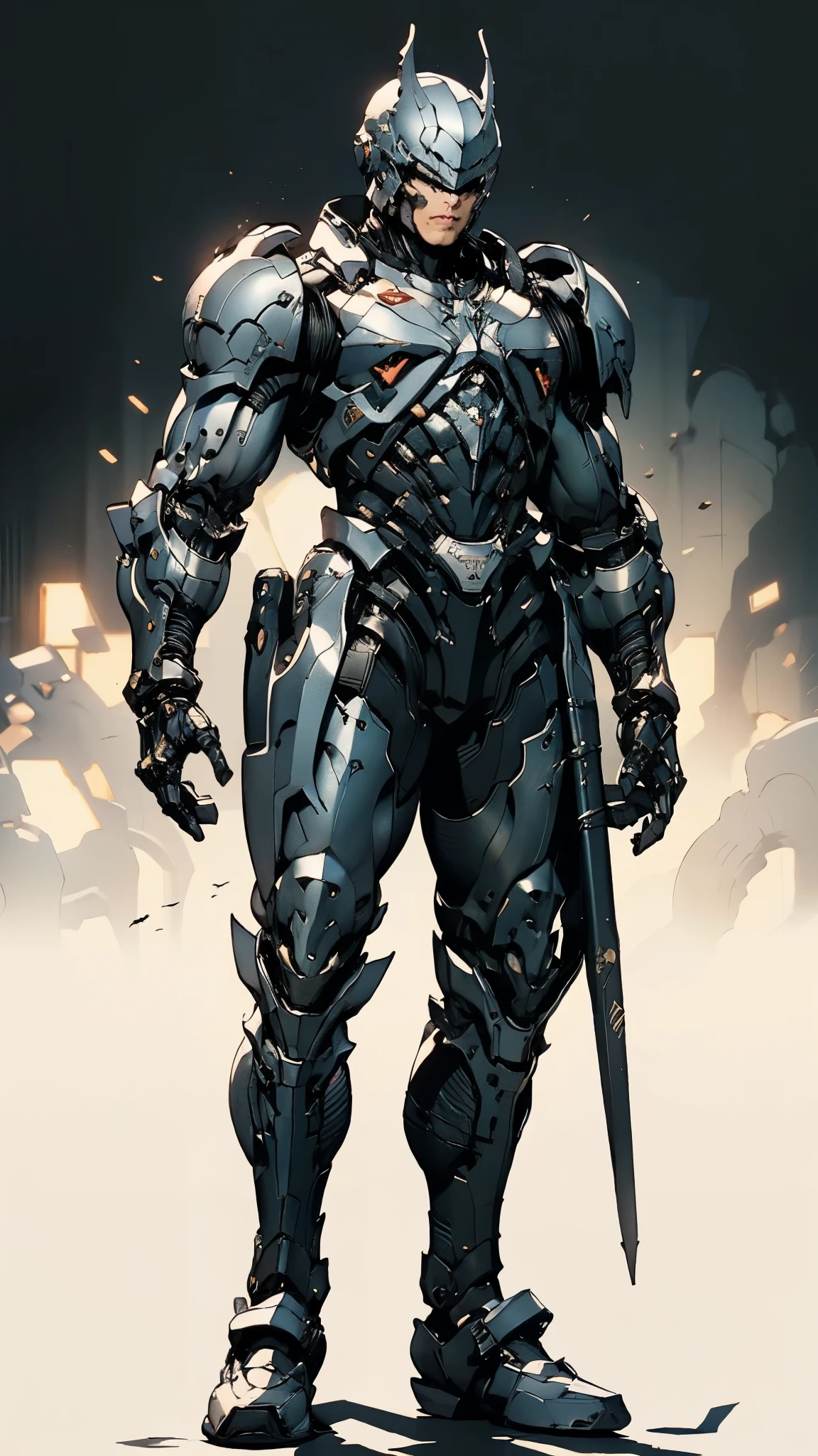 A man wearing a full-face helmet, a fantasy-style biotech armored combat suit, green eyes, (a composite layered chest armor), fully enclosed shoulder guards, matching arm and leg guards, the belt is adorned with fangs biting into orbs, (the color scheme is primarily black with red accents), the design balances heavy with agility, a high-tech bio-mecha armor, (Bat concept Armor, stand on the top of a skyscraper in a futuristic sci-fi city), this character embodies a finely crafted fantasy-surreal style armored hero in anime style, exquisite and mature manga art style, (element, plasma, energy, the armor glows), ((male:1.5)), metallic, real texture material, dramatic, high definition, best quality, highres, ultra-detailed, ultra-fine painting, extremely delicate, professional, perfect body proportions, golden ratio, anatomically correct, symmetrical face, extremely detailed eyes and face, high quality eyes, creativity, RAW photo, UHD, 32k, Natural light, cinematic lighting, masterpiece-anatomy-perfect, masterpiece:1.5