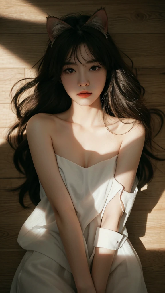 Best quality,masterpiece,Ultra-high resolution,RAW photos, Cat ears,cute,In the light,deep shadow,Low profile,Cold Light,sexy look,Long hair,((best quality: 1.5)) ((masterpiece: 0.8)), Intricate details, Clear focus, professional, real life, Real facial expression, Dynamic poses, ((([Large breasts:0.8])))),Lying on the floor