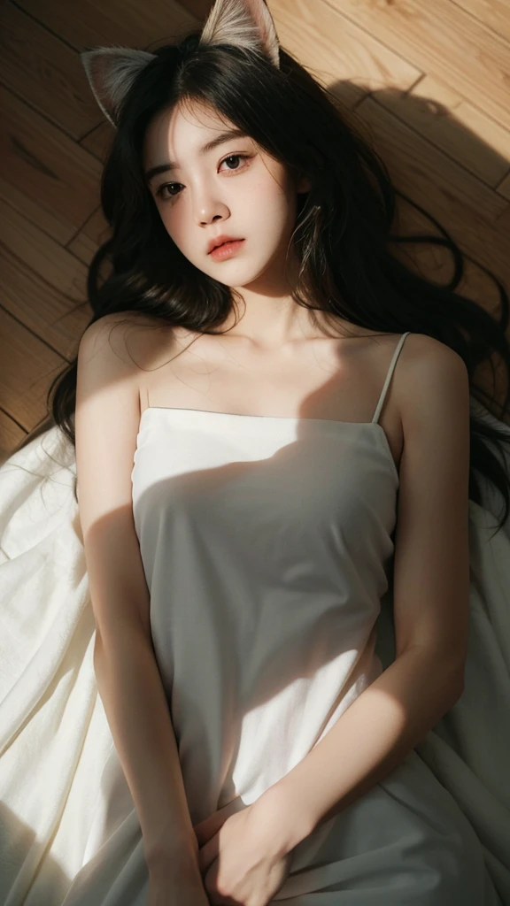 Best quality,masterpiece,Ultra-high resolution,RAW photos, Cat ears,cute,In the light,deep shadow,Low profile,Cold Light,sexy look,Long hair,((best quality: 1.5)) ((masterpiece: 0.8)), Intricate details, Clear focus, professional, real life, Real facial expression, Dynamic poses, ((([Large breasts:0.8])))),Lying on the floor