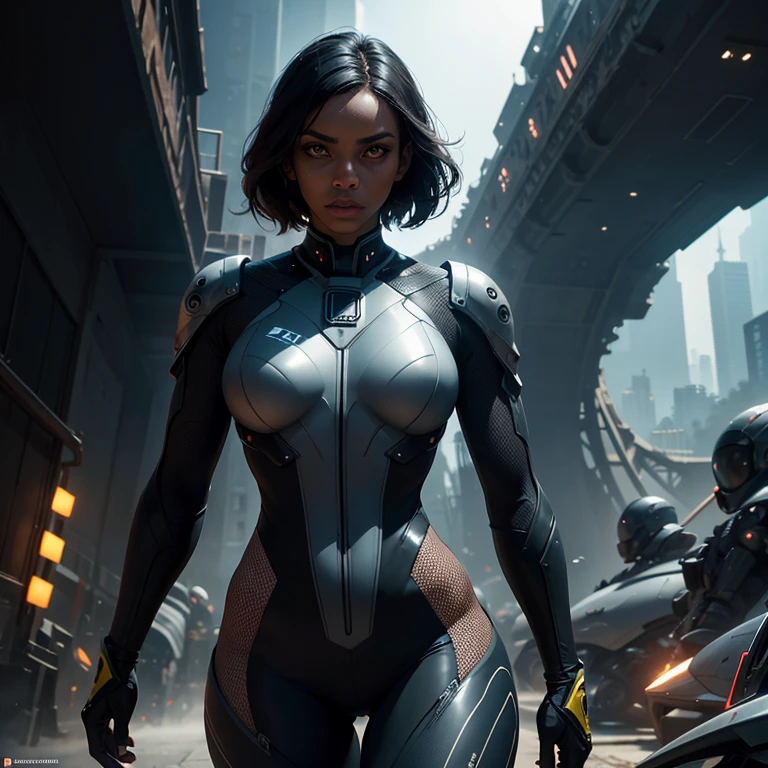 melhor qualidade, fotografia, cinematic lighting, intricado, cinematic detailed realista background, rosto detalhado, corpo todo, realista, 1 dark skin woman correndo, paisagem futurista, scifi, olhando para o espectador, Pose de modelo, scifi outfit, ciborg, natural lighting, Full hd