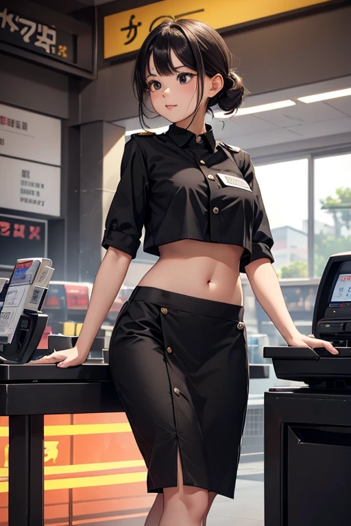 Cashier girl, (((crop top black button cashier uniform))), (name tag on the chest), showing navel, convenience store, behind the cashier, beautiful belly, full body , big belly