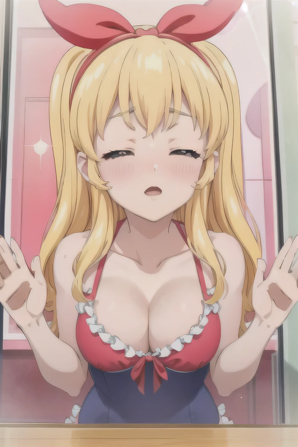 Masterpiece、Masterpiece、Close ~ eyes、Close your mouth、Twin tails、Blonde、cute ruffle swimsuit、Red ribbon、Bathroom、Hands on the glass、Sunshine、Close-up of face、Cleavage、Beautiful Skin、blush、Embarrassed、palm