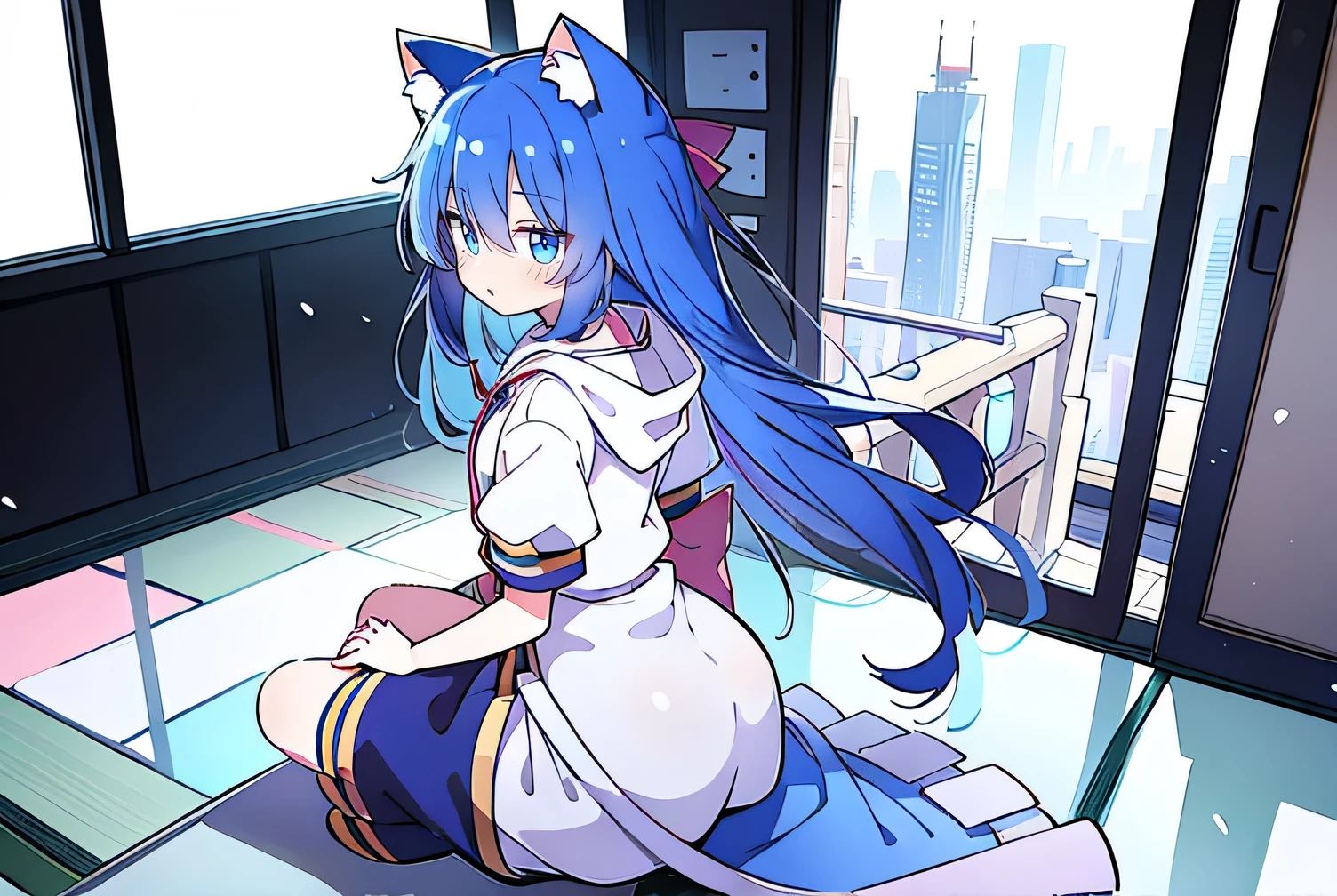 (masterpiece:1.2),Super detailed,lifelike,Expressive eyes,fair skin,perfect face shape,1 girl,
Japanese comics,Gorgeous blue hair,flowing blue hair,flowing clothes,Cat ears,Petals fall,beautiful lola,Baby Angel,
Shaking head with one hand,Cross your legs,Gentle and peaceful background,The pavilion is cool and comfortable,smile, wearing hoodie, background of tokyo,back views,snowing, winter.