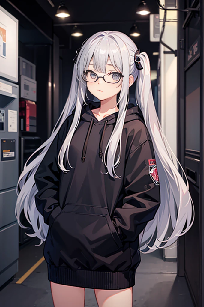One Girl、cute、long、Silver Hair、Wear glasses、Looking down、Wear a black hoodie、Put your hands in your pockets、Twin tails