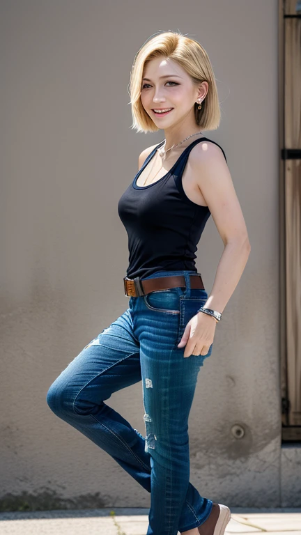highest quality, High resolution, AND18, One Girl, Android 18, alone, blonde, blue eyes, belt, Blue Jeans, Pearl_necklace, bracelet, Black gloves, ((A tight fitting white tank top)), short hair, Short sleeve, Earrings,Jeans Mini Skirt, Open Vest, Black vest, Large Breasts, Cowboy Shot, street, (From the side),( Grassland scenery),(Live-action adaptation),(Reality Photography),,Realistically,(Realistic),Grin,(Full Body Shot),(From the whole body to the toes:1.3),