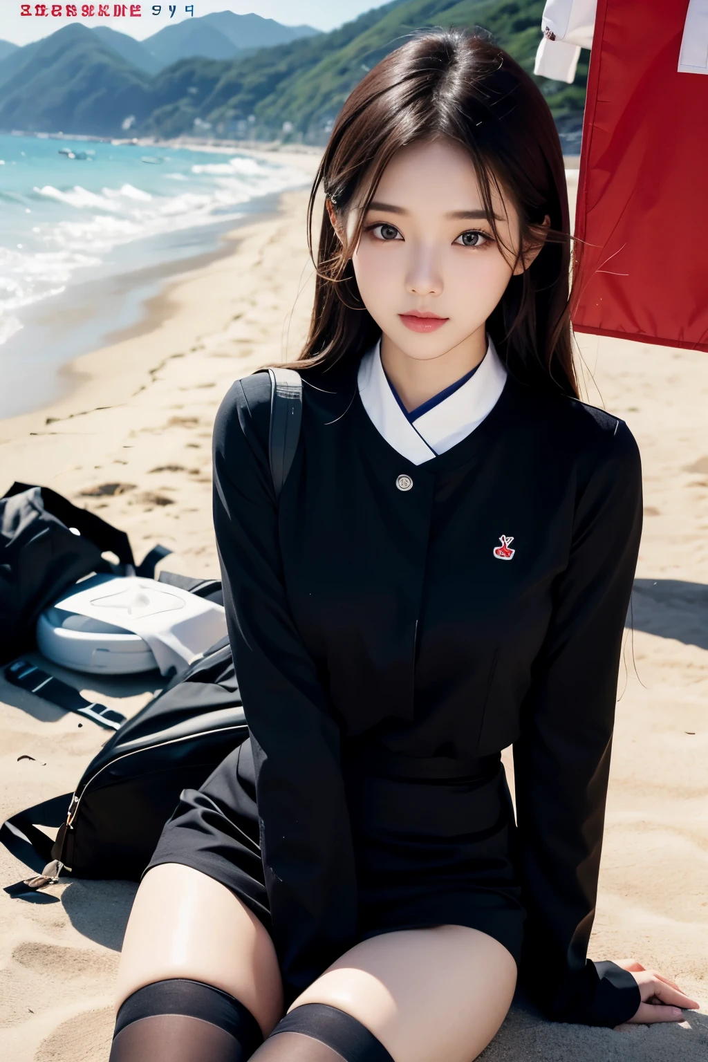 Background and model as is, Beautiful woman wearing Korean student uniform and black stockings, magazine pose, Beach,