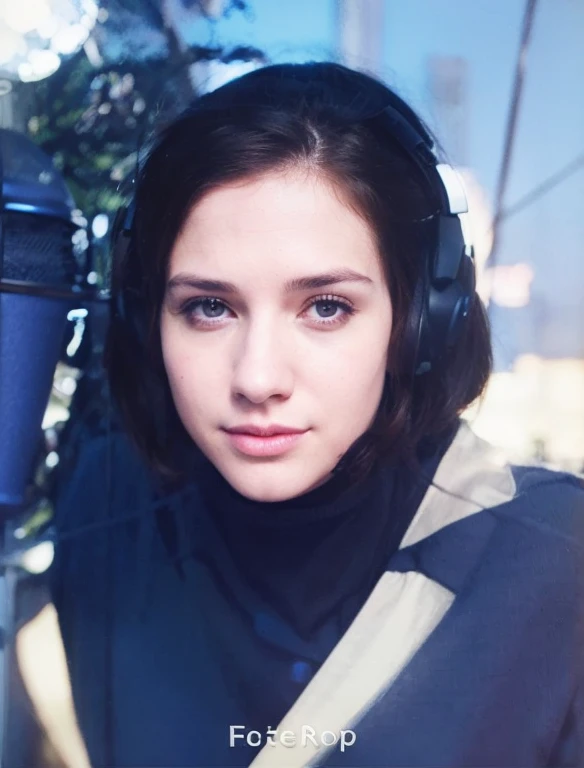 masterpiece, best quality, ultra-detailed, illustration,, recbooth, solo, microphone, headphones, realistic, brown hair, shirt, cable, white shirt, from behind, microphone, microphone stand,