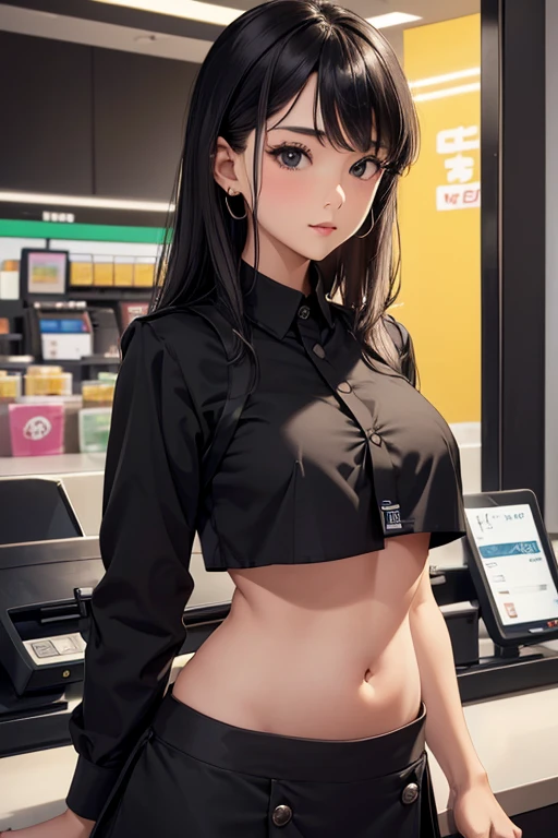 Cashier girl, (((crop top black button cashier uniform))), (name tag on the chest), showing navel,  convenience store, behind the cashier, beautiful belly, full body , big belly 