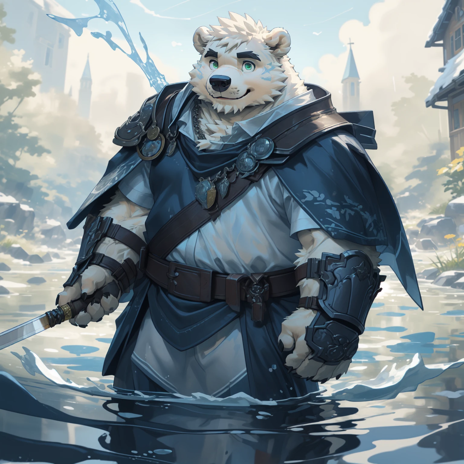 New Jersey 5 Furry,polar bear,Solitary,Chubby,Fat,Thick arms,Rugged muscles,White plush fur,Chubby脸,Black eyebrows,Sky blue eyes,(Beard),Jesus Walking on Water During a Storm, masterpiece, best quality, high quality, Extremely detailed CG unit 8k wallpaper, wear clothes, Detailed fluffy fur, (By Ruadri, Michael & Inessa Garmash, Ruan Jia, Pino Deheny), Impressionist hybrid, Detailed face, (short hair), Detailed face, Detailed eyes, Smile, charming, (solitary), cape, armor, (Green Eyes), muscular, shoulder armor, A sword stuck in the back,