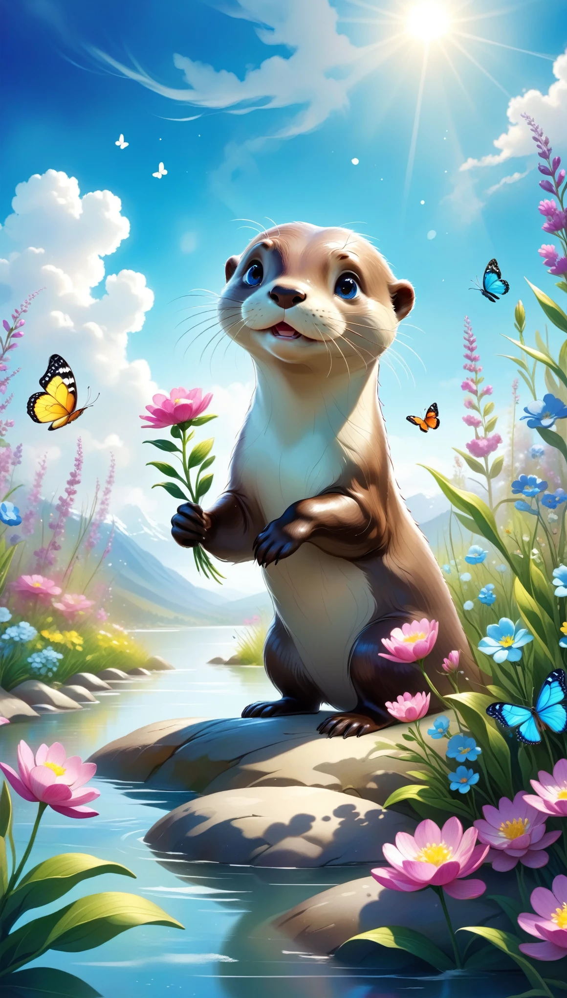 looking_at_viewer, blue_eyes, flower, outdoors, sky, day, cloud, blue_sky, no_humans, animal, white_flower, realistic, animal_focus, An Otter:1.37,Butterfly:1.37