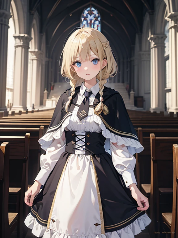 masterpiece, highest quality, Very detailed, 16k, Ultra-high resolution、Cowboy Shot, One -yeld gi Detailed face, Perfect Fingers, blue eyes, Blonde, Braid, cyb dress, collared shirt, long sleeves, necktie, capelet, frills, badge, long dress, Altar of Purgatory, Great Temple, Cathedral, Stand in the center of the screen