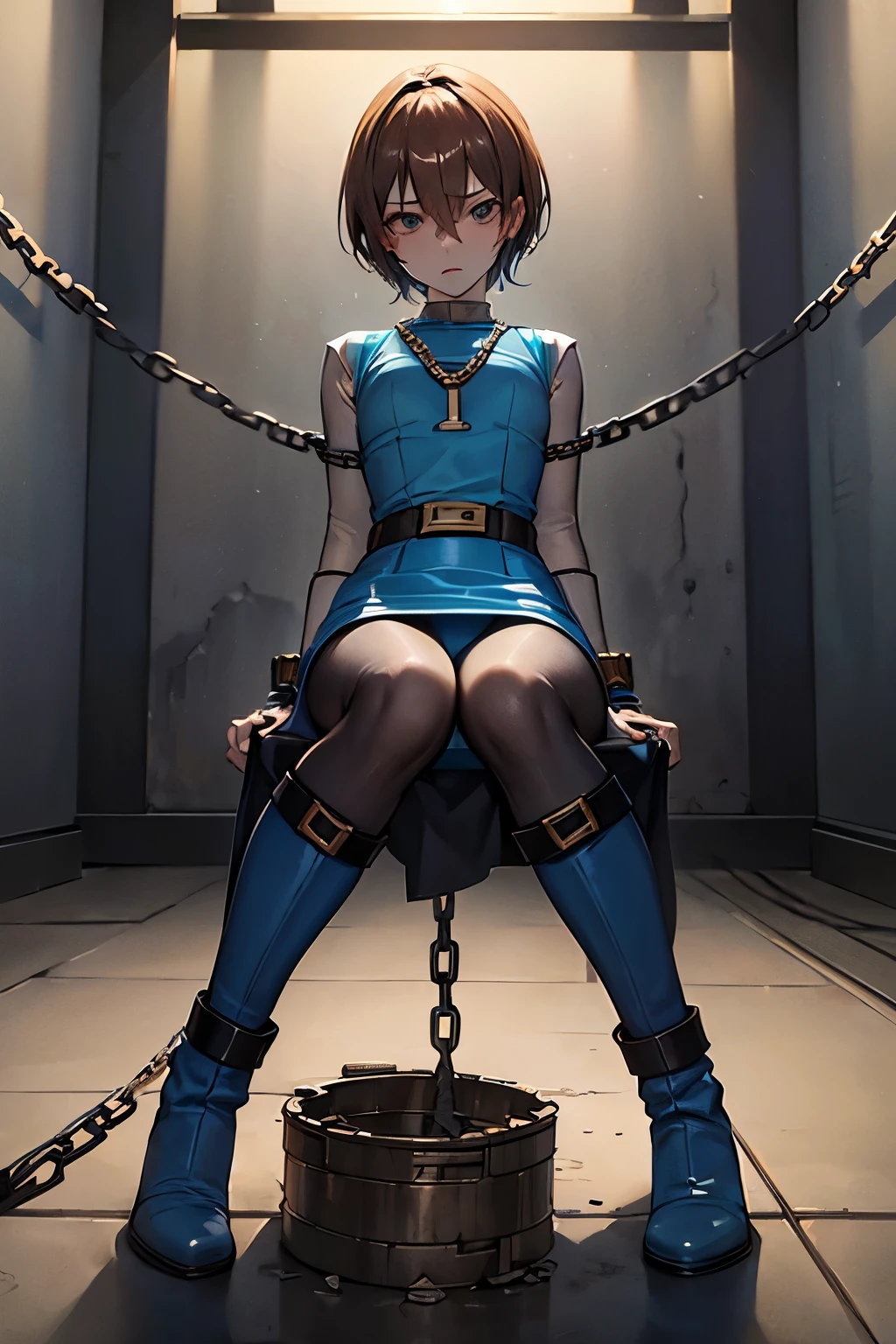 Hurricane Blue、Hurricaneger、Brown Hair、Short Hair、((pantyhose))、Photo from below、Medium chest、Jail、((first round))、((Chains in both hands))、Poop sitting、boots、Embarrassed expression