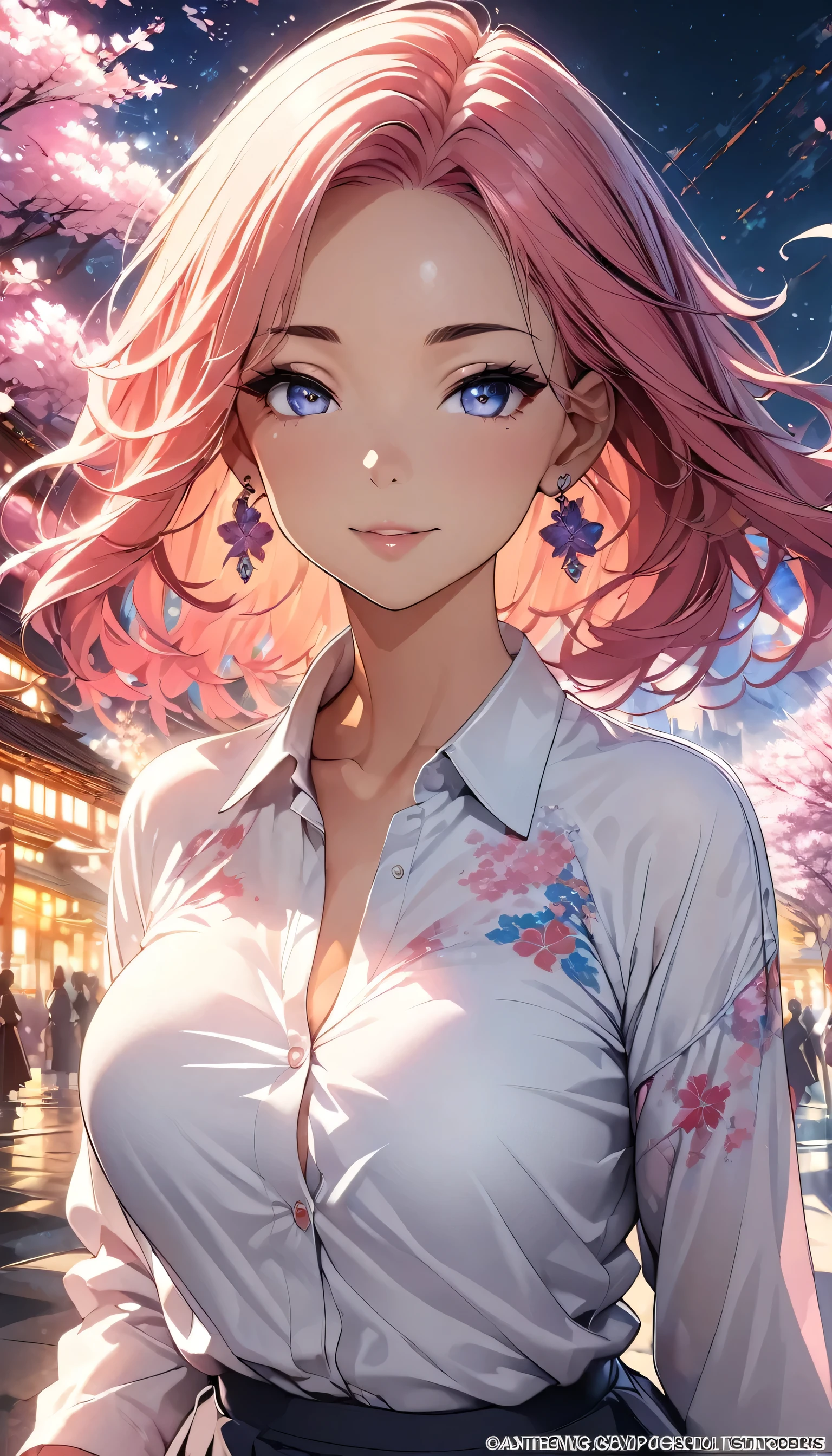 Anime Style, Ultra-fine illustrations, Very detailedな, Dynamic Angle, Beautiful details, 8k, On a Spring Night, Cherry blossom tree illuminated by city lights々is quietly shining. Break A woman stops, I was fascinated by the beautiful scenery, Watching the cherry blossoms fluttering down. Her expression is、It speaks of the coming of spring and a heartfelt admiration for the beauty of cherry blossoms.. masterpiece, highest quality, highest quality, Official Art, beautifully、Aesthetically beautiful:1.2), (1 girl, mature:1.3, Older:1.3), Very detailed,(Fractal Art:1.1),(colorful:1.4)(Flowers:1.3),Most detailed,(Tangled:1.2), (Dynamic pose), (Abstract background:1.3), (Shiny skin), (Many colors:1.4),(Earrings:1.4),