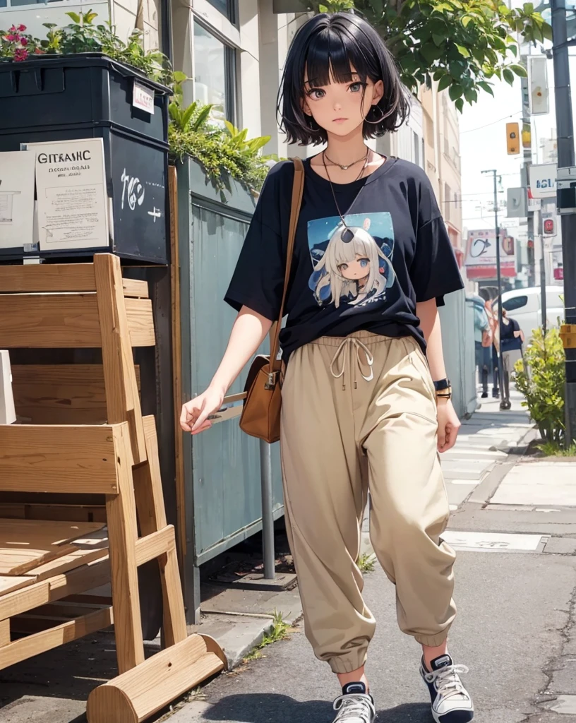 ({Mia},girl,17yo,wavy short hair,navy hair-color,beautiful detailed face,parallel eyebrows,navy eyes,
eyes with large irises,blunt bangs,small nose,small mouth, fresh lips,small chin,small breasts,5feet tall),
BREAK Oversized organic cotton graphic tee, tapered recycled polyester joggers, cork platform sneakers, fair-trade canvas crossbody sustainable horn pendant necklace,