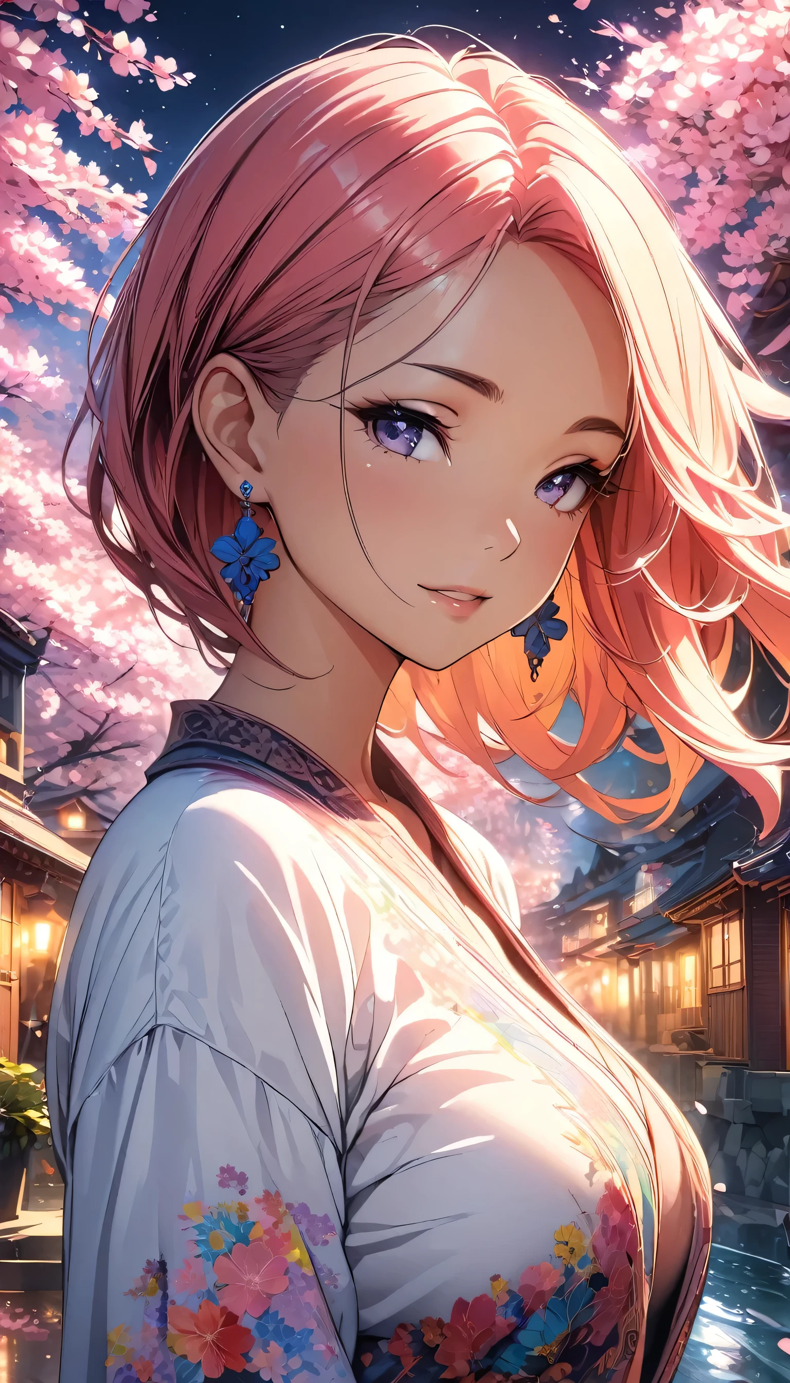 Anime Style, Ultra-fine illustrations, Very detailedな, Dynamic Angle, Beautiful details, 8k, On a Spring Night, Cherry blossom tree illuminated by city lights々is quietly shining. Break A woman stops, I was fascinated by the beautiful scenery, Watching the cherry blossoms fluttering down. Her expression is、It speaks of the coming of spring and a heartfelt admiration for the beauty of cherry blossoms.. masterpiece, highest quality, highest quality, Official Art, beautifully、Aesthetically beautiful:1.2), (1 girl, mature:1.3, Older:1.3), Very detailed,(Fractal Art:1.1),(colorful:1.4)(Flowers:1.3),Most detailed,(Tangled:1.2), (Dynamic pose), (Abstract background:1.3), (Shiny skin), (Many colors:1.4),(Earrings:1.4),