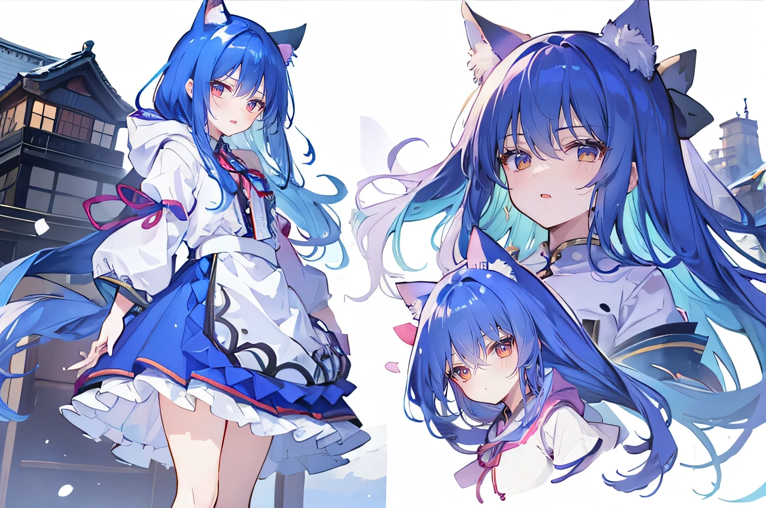(masterpiece:1.2),Super detailed,lifelike,Expressive eyes,fair skin,perfect face shape,1 girl,
Japanese comics,Gorgeous blue hair,flowing blue hair,flowing clothes,Cat ears,Petals fall,beautiful lola,Baby Angel,
Shaking head with one hand,Cross your legs,Gentle and peaceful background,The pavilion is cool and comfortable,smile, wearing hoodie, background of tokyo,back views,snowing, winter.