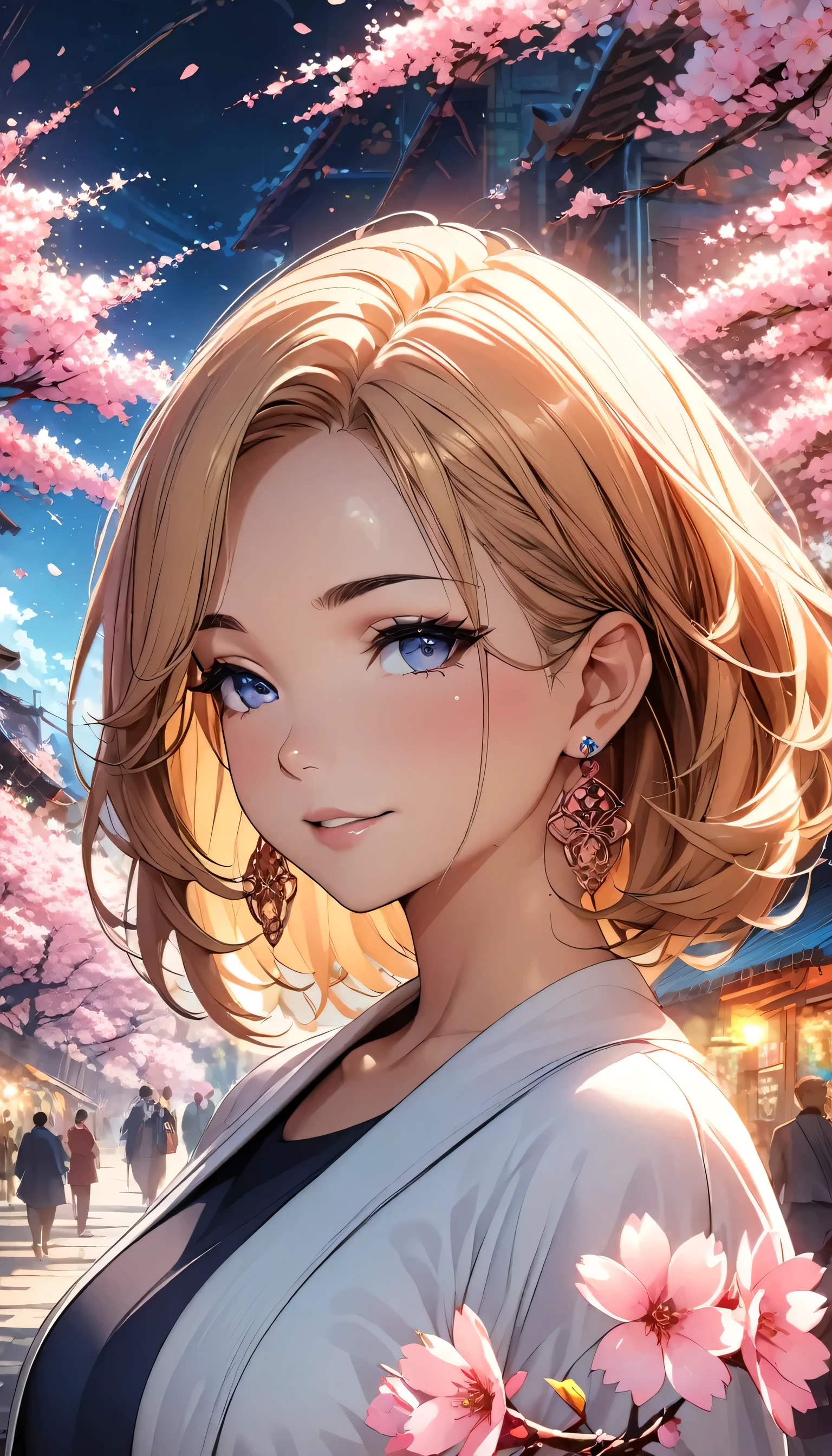 Anime Style, Ultra-fine illustrations, Very detailedな, Dynamic Angle, Beautiful details, 8k, On a Spring Night, Cherry blossom tree illuminated by city lights々is quietly shining. Break A woman stops, I was fascinated by the beautiful scenery, Watching the cherry blossoms fluttering down. Her expression is、It speaks of the coming of spring and a heartfelt admiration for the beauty of cherry blossoms.. masterpiece, highest quality, highest quality, Official Art, beautifully、Aesthetically beautiful:1.2), (1 girl, mature:1.3, Older:1.3), Very detailed,(Fractal Art:1.1),(colorful:1.4)(Flowers:1.3),Most detailed,(Tangled:1.2), (Dynamic pose), (Abstract background:1.3), (Shiny skin), (Many colors:1.4),(Earrings:1.4),