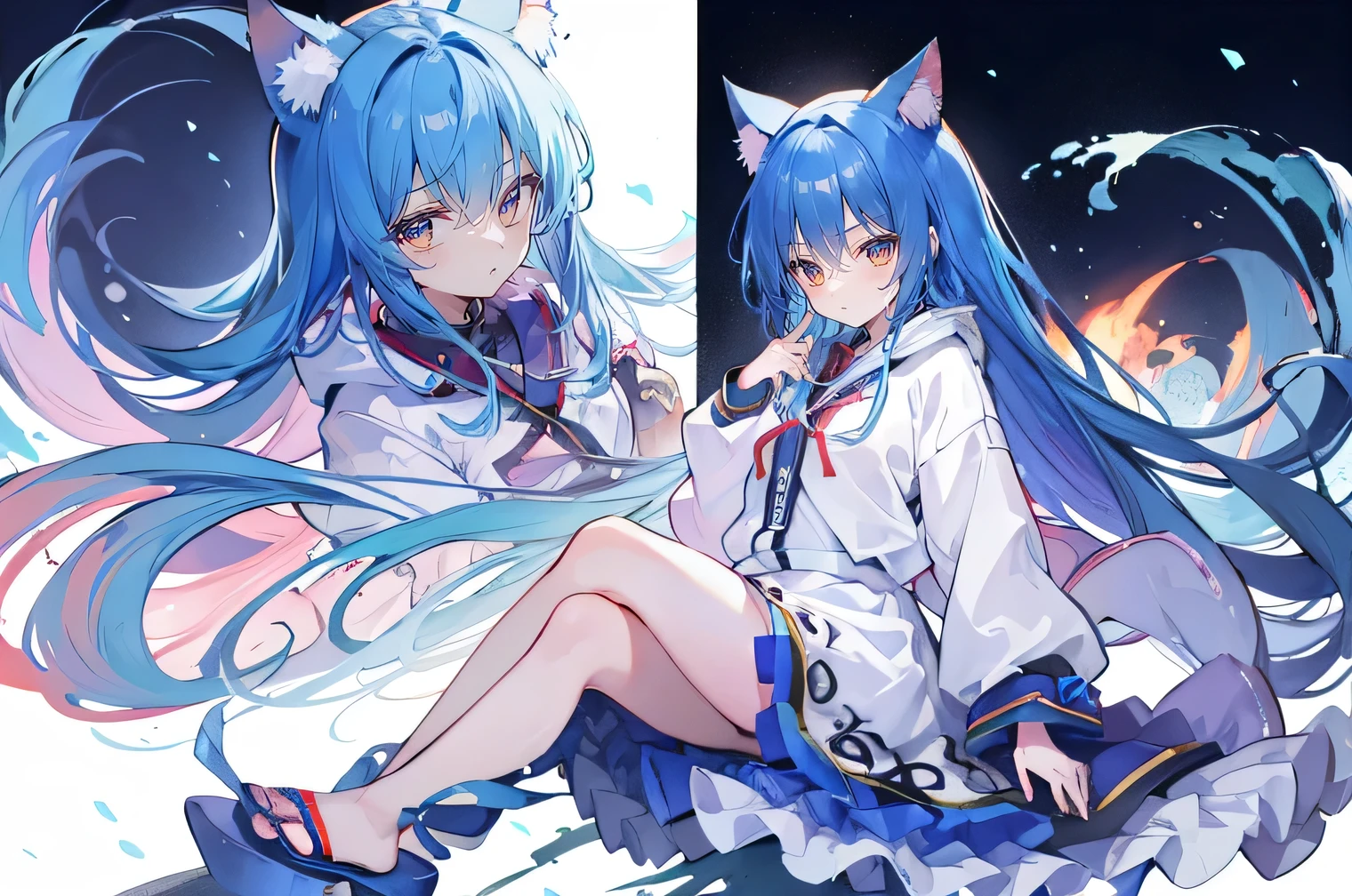 （masterpiece：1.2），Super detailed，lifelike，Expressive eyes，fair skin，perfect face shape，1 girl，
Japanese comics,Gorgeous blue hair,flowing blue hair,flowing clothes,Cat ears,Petals fall,beautiful lola,Baby Angel,
Shaking head with one hand，Cross your legs，Gentle and peaceful background，The pavilion is cool and comfortable,smile, wearing hoodie, background of tokyo,back views,snowing, winter.