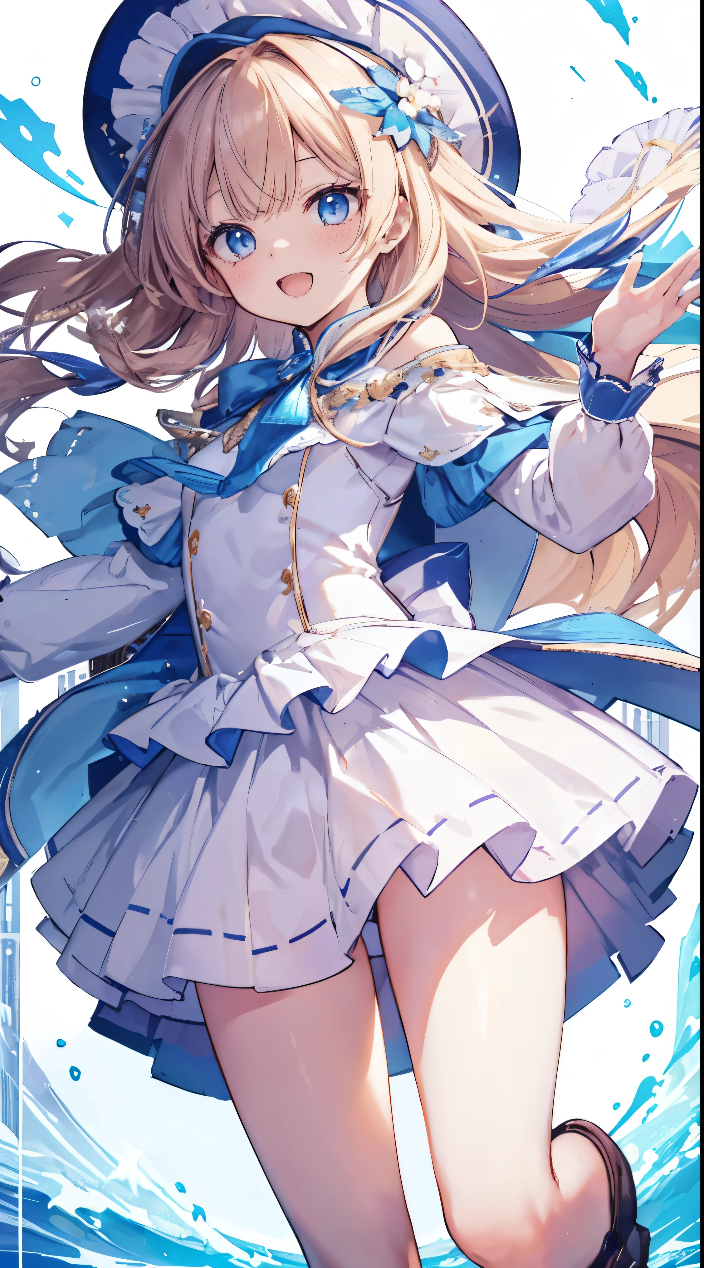Masterpiece、Highest quality、highest quality、(Open Mouth Smile)、Shiny hair quality、Small face、Dynamic pose、Super detailed, beautiful, wide eyes、Ultra-detailed, clear and beautiful faces、(cute illustration:1.2), High-resolution, ultra-detailed, best quality, embarrassed、Thighs, Awards, Anatomically correct