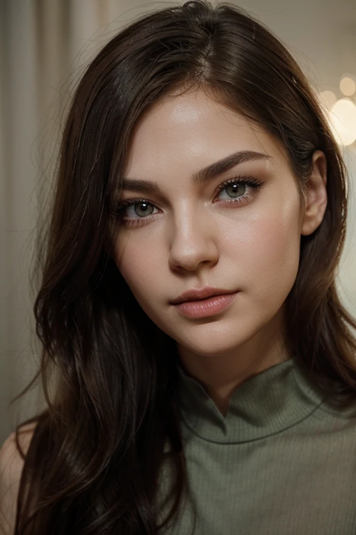 Character creation: Russian beauty Appearance characteristics:

facial features: Soft contours, expressive eyes with long eyelashes, gently curved nose, Full lips.

figure: Slender and graceful with proportional forms and graceful posture.

hair color: dark hair, can be smooth or have a slightly wavy texture.

eyecolor: light green eyes, giving it a special charm.

Note: Please, create a virtual character, matching this description. Try to convey his features as realistically and attractively as possible..