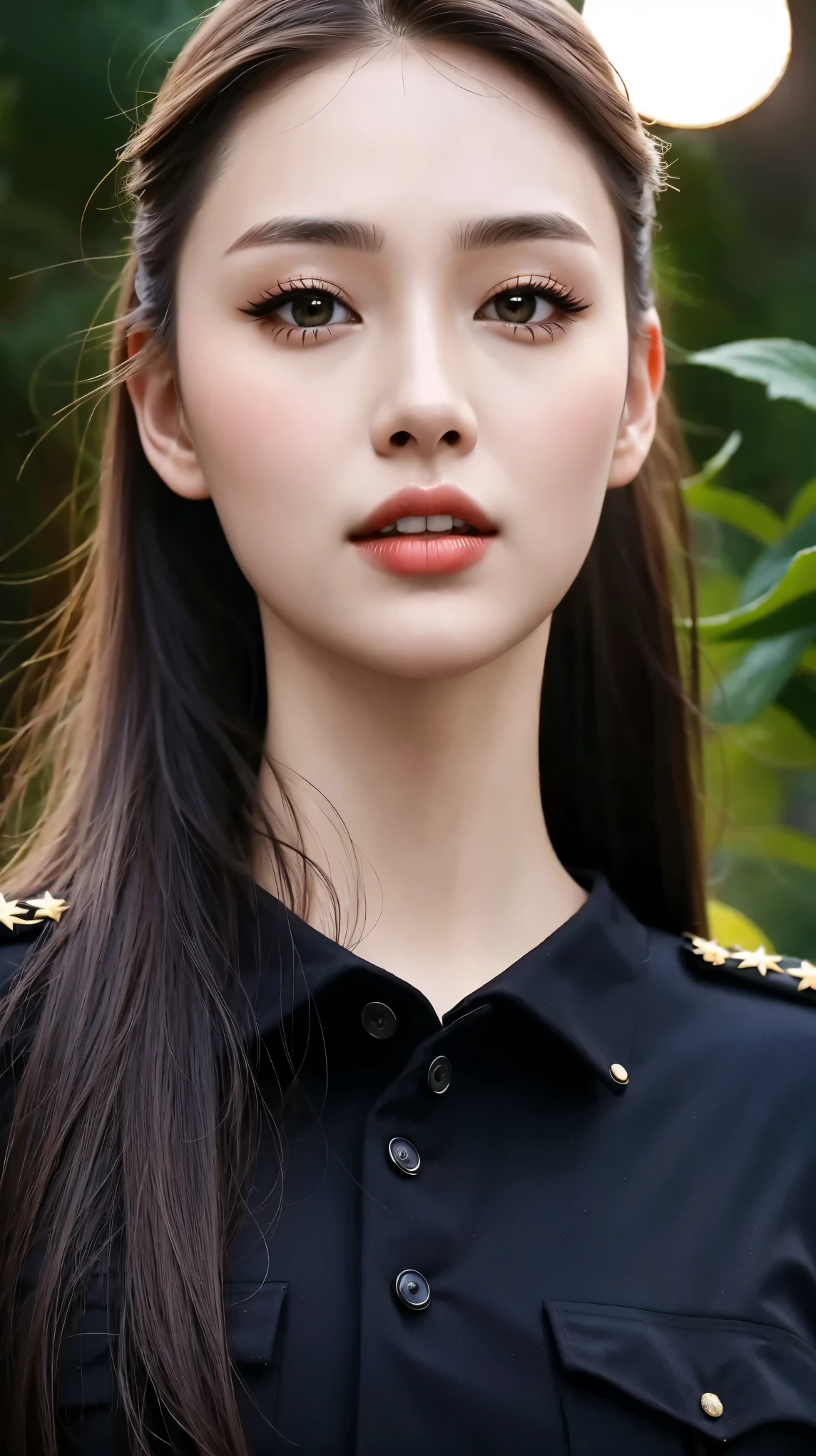 Fashion model 25 years old [[[[close up]]]], [[[[neck]]]], [[[[Shoulder]]]], Perfect eyes, Perfect iris，Perfect lips，Perfect Teeth，Perfect skin，White skin，Soft headlight，High-density imaging review，（Face is clear and delicate），((Tight military uniform))，best quality，masterpiece，（Soft colors：1.2）