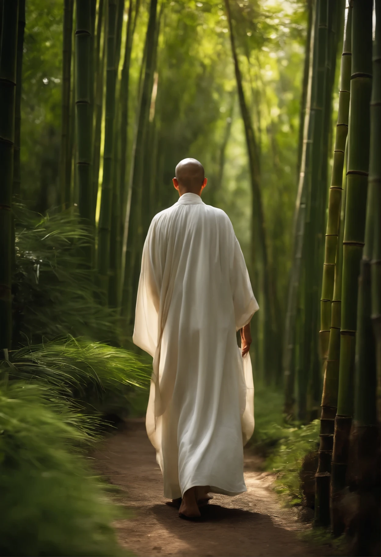 (best quality,4k,8k,highres,masterpiece:1.2),ultra-detailed,(realistic,photorealistic,photo-realistic:1.37),monk,traditional robe,gracefully walking towards the bamboo forest, serenity,peaceful,meditation,tranquility,spiritual journey,zen,calmness,harmony,ancient wisdom,deep contemplation,inner peace,serene expression,noble appearance,pure-hearted,ageless wisdom,dignified,simplicity,quiet surroundings,gentle breeze,rustling bamboo leaves,soft sunlight filtering through the trees,subtle shadows,blending with nature,balance of body and mind,stillness of nature,pure white robe flowing gracefully,detailed folds and textures,subtle color variations,sublime connection with the surroundings,balance,poise,subtle elegance,remote mountain monastery,isolated sanctuary,spiritual awakening,midst of nature's beauty