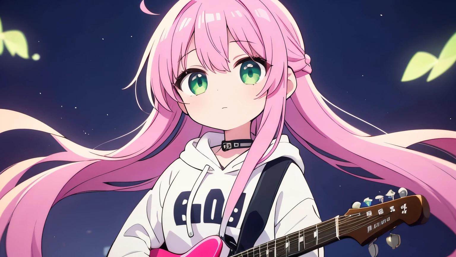 The girl、Wrapped in a pink hoodie、I have earphones plugged into my ears。Her long hair fluttering in the wind、Enjoying the music with a calm expression。the eyes are green、Enjoying music with an electric guitar。