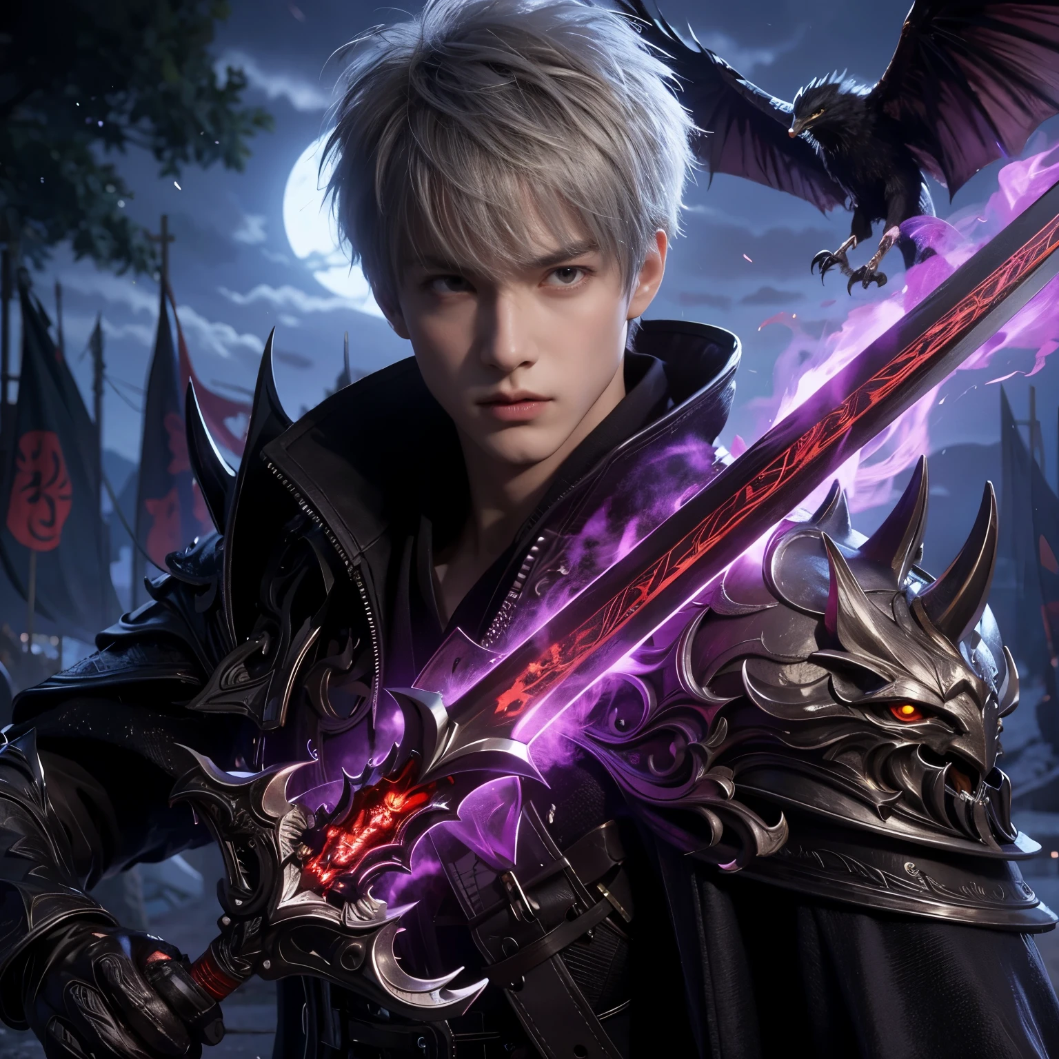 a young male knight, short white hair, wearing black knight-style clothes and attributes, wearing knight shoes, carrying a knight's sword with a dragon carved on the blade, angry expression with a sharp gaze, looks like an Asian, purple flames appear under the sword, the background is on the battlefield with a night atmosphere, behind the knight there is a crow flying, high quality, realistic, masterpiece, full body