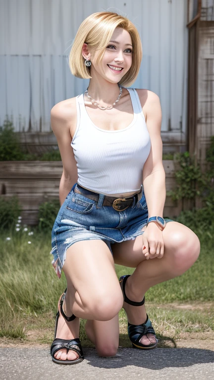 highest quality, High resolution, AND18, One Girl, Android 18, alone, blonde, blue eyes, belt, Blue Jeans, Pearl_necklace, bracelet, Black gloves, ((A tight fitting white tank top)), short hair, Short sleeve, Earrings,Jeans Mini Skirt, Open Vest, Black vest, Large Breasts, Cowboy Shot, street, (From the side),( Grassland scenery),(Live-action adaptation),(Reality Photography),,Realistically,(Realistic),Grin,(Full Body Shot),(From the whole body to the toes:1.3),