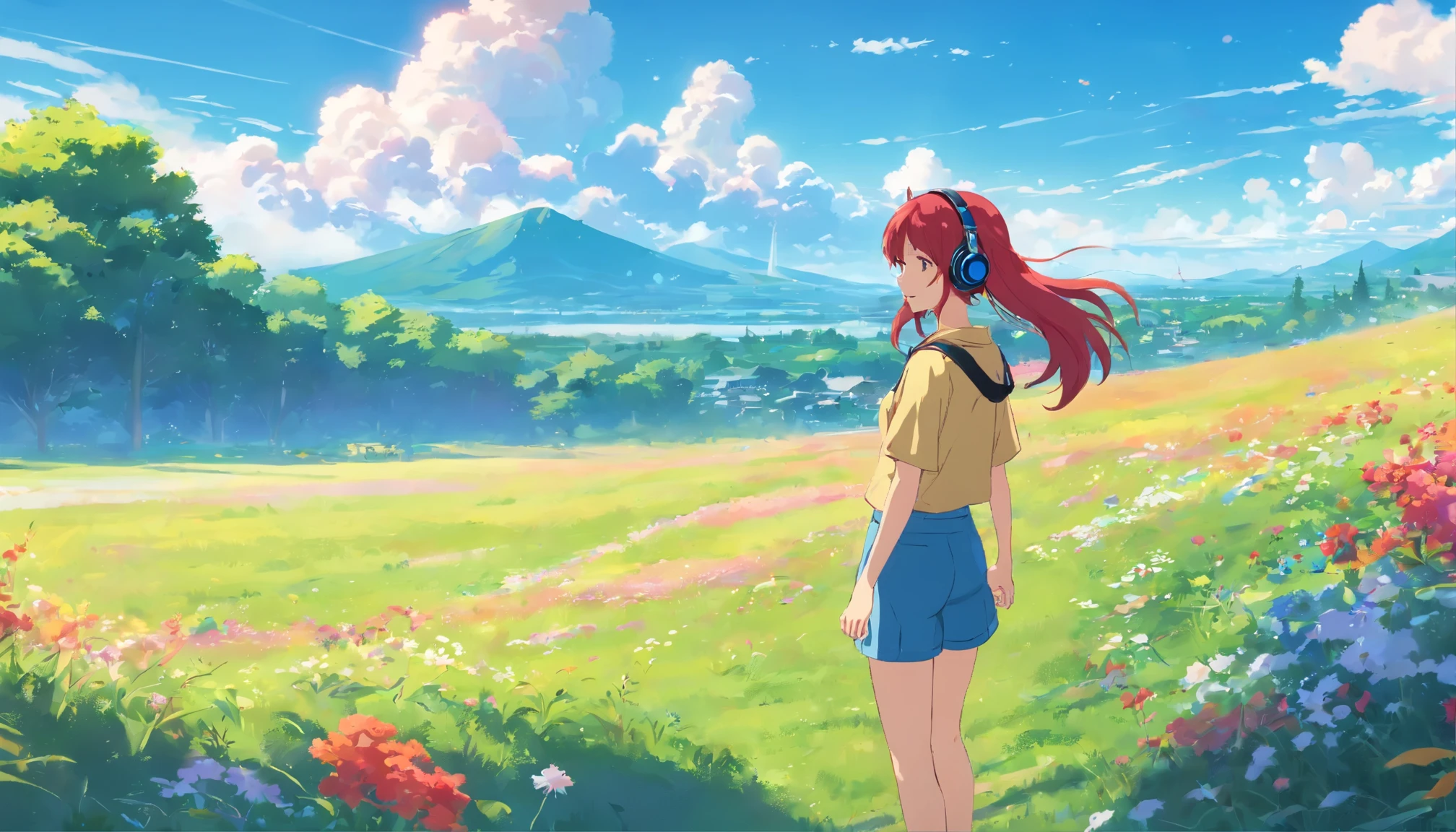 Masterpiece in Hyper-Realism, Best Quality (1.5), (Girl with long, red hair wearing headphones: 1.1), (Camp with blooming flowers: 1.2), The Lovely Girl with Red Hair and Headphones, The Girl with Red Hair and Headphones Enjoying the Beautiful Scenery, A girl with radiant red hair wearing headphones, beaming with joy. The backdrop presents a stunning blue sky adorned with fluffy white clouds. Imaginary Motorcycle, Hyperealistic Illustration, Best Shading. Brilliant Sunlit Meadow, Variety of Clouds, Wonderfully Beautiful Landscape.