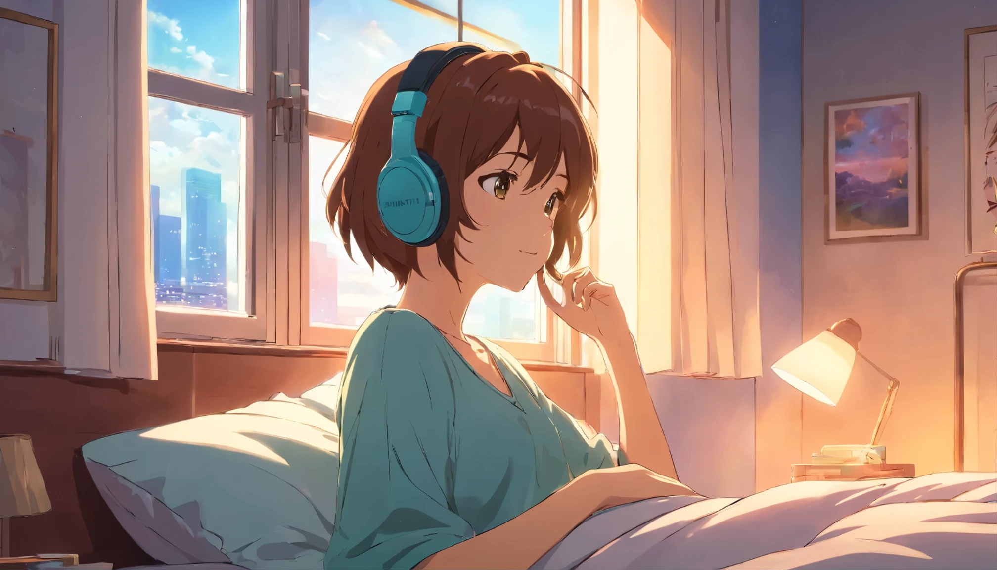 a girl hearing music with headphone in bed window side Day


