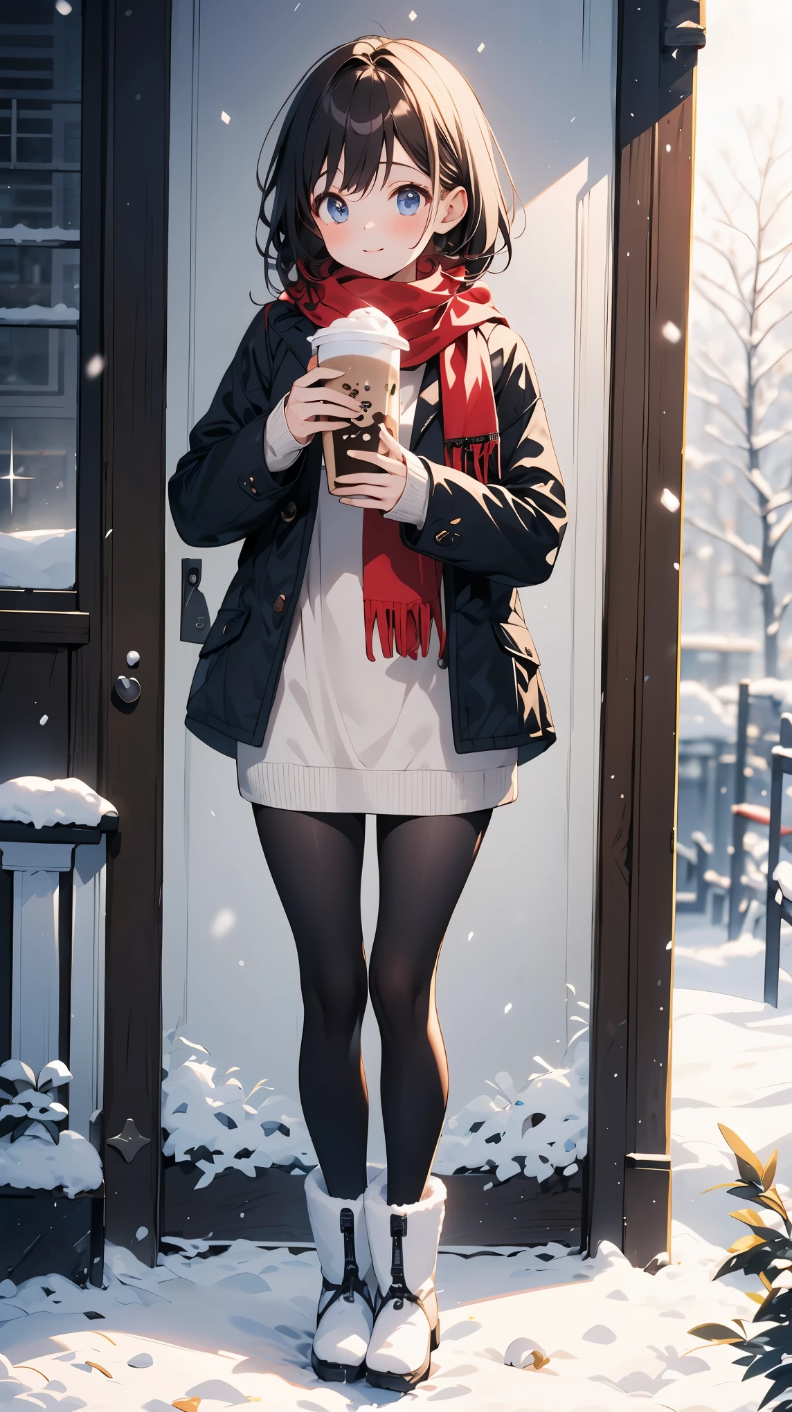 Highest quality,masterpiece,Ultra Detail,girl,winter,Scarf,drinking milktea,Snowflakes falling,Blurred Background,snow boots,Lined sweater,Jackets,shorts,Black tights,sideways,full-body shot,Depth of Field,HD,16k,