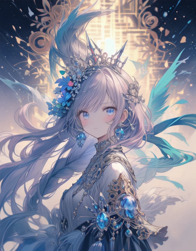 natural lighting, gentle smile, seductive grin, upturned cheeks, half up-do, floating hair, coquettish hair, slightly shining hair, dress, silk, satin, silky gloss, 1girl, solo, flowers, water, evening, starry sky, reproachful eyes, profile, pale purple hair,