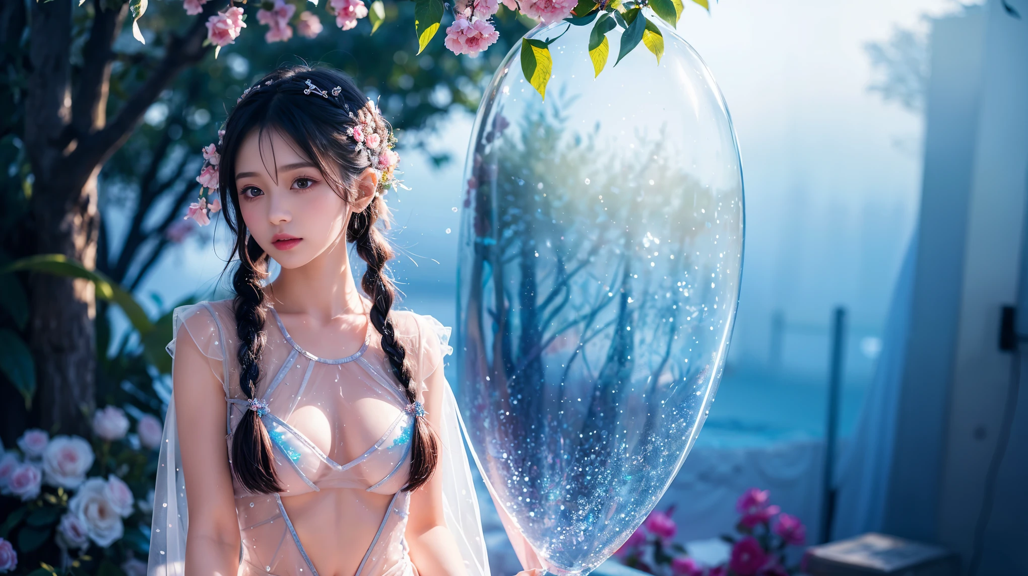 A story of a beautiful girl surrounded by love, Braided pigtails Beautiful eye details, An enchanting anime girl gracefully emerges from the watercolor page, Her vibrant and complex colors, Bring your artwork to life, (See-through, transparent clothing, Transparent costume:1.5), She wears a fantasy see-through outfit with transparent and ample breasts adorned with delicate details, Fascinating worldview, Luminous body, Glittering crystals surround her like air., Soft Cast, Otherworldly brilliance, Watercolor style、Give your images fluidity and delicacy, It's as if the colors are blending and blending naturally., Camera shooting: Medium Shot, Soft Focus, Illuminate Lighting, Watercolor brush strokes, Refined and highly detailed anime illustrations, Open-chested outfit, Iridescent Fabric, A beautiful girl illuminated by rainbow lights,Huge and droopy breasts