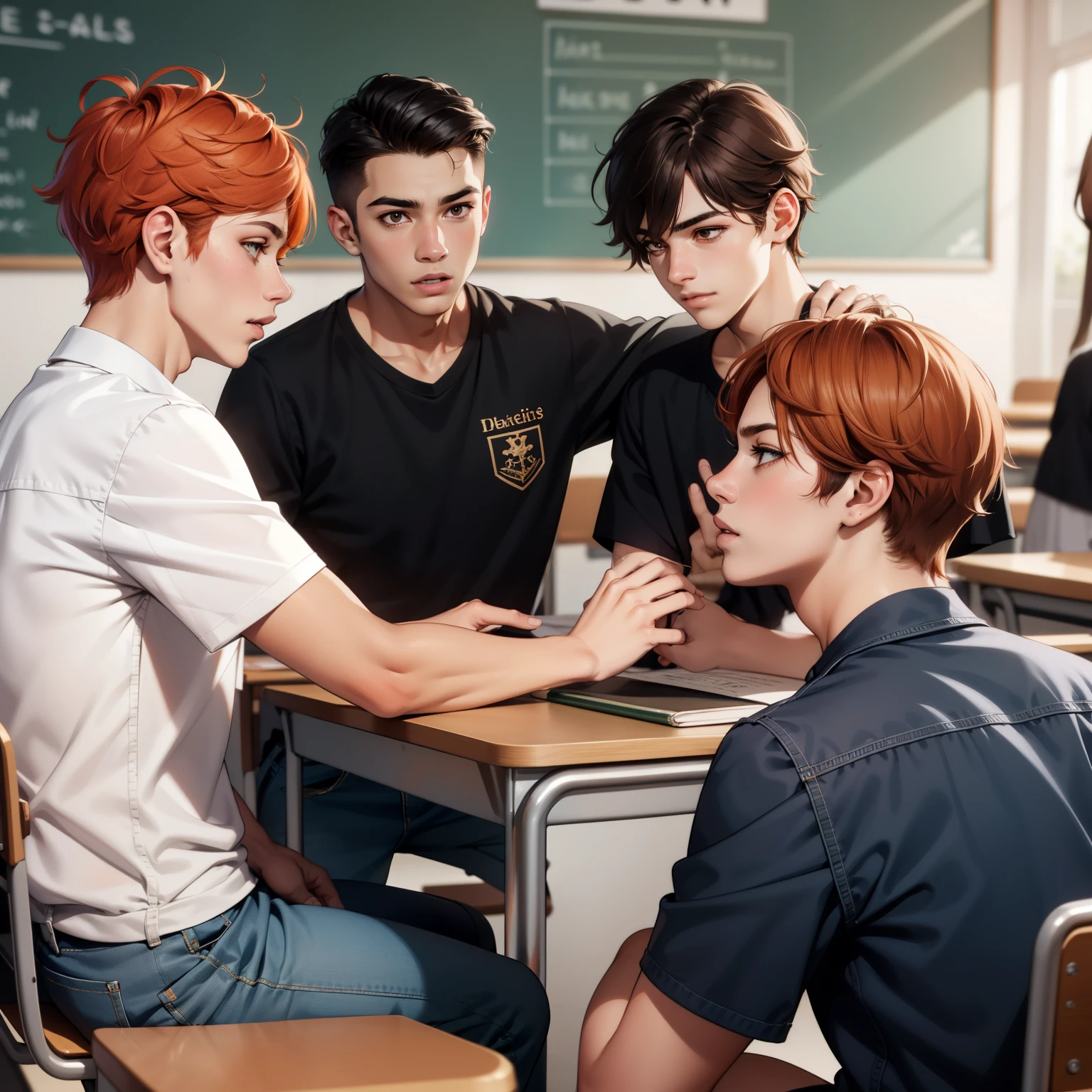 15-year-olds in with brown Latin skin and orange hair, estan en la escuela hablan preocupados hablan sobre algo importante, wear boxer