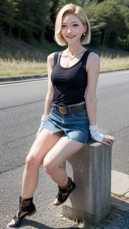 highest quality, High resolution, AND18, One Girl, Android 18, alone, blonde, blue eyes, belt, Blue Jeans, Pearl_necklace, bracelet, Black gloves, ((A tight fitting white tank top)), short hair, Short sleeve, Earrings,Jeans Mini Skirt, Open Vest, Black vest, Large Breasts, Cowboy Shot, street, (From the side),( Grassland scenery),(Live-action adaptation),(Reality Photography),,Realistically,(Realistic),Grin,(Full Body Shot),(From the whole body to the toes:1.3),