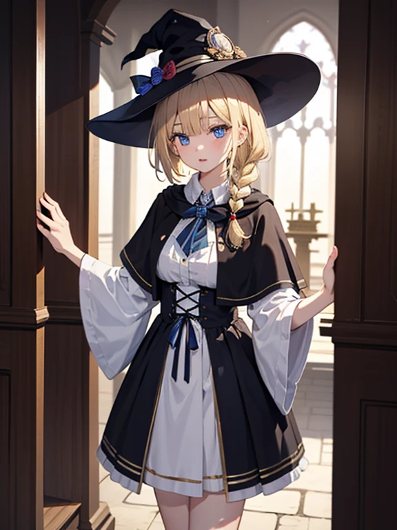 masterpiece, highest quality, Very detailed, 16k, Ultra-high resolution、Cowboy Shot, One 14-year-old girl, Detailed face, Perfect Fingers, blue eyes, Blonde, Braid, Pointed hat, Witch Robe, Great Temple, Cathedral, Many believers, Stand in the center of the screen