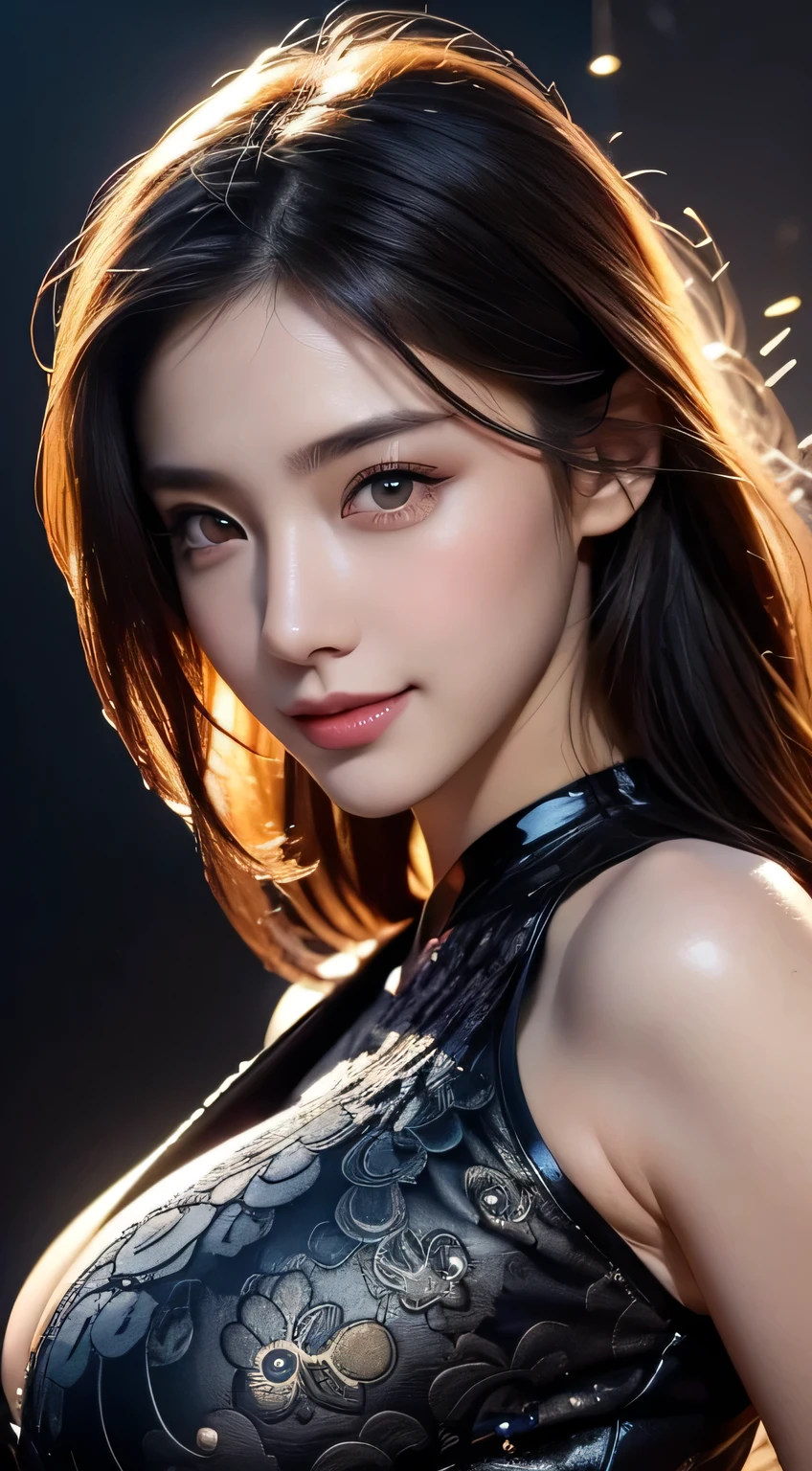 Kimono beauty, body portrait, 8k, thin and beautiful eyes, Dindal effect, masterpiece, top quality, high quality, high resolution, very detailed photo, (natural skin texture, fine skin, hyper realism, super sharpness) , high detail skin, (very fine, fine skin texture, intricate details, beautiful face, (real-like face), realistic eyes, beautifully detailed eyes, realistic skin, beautiful skin, surreal, Highly detailed, golden ratio, smiling eyes, ((night moonlight background)), body portrait, G cup, big breasts, huge breasts, big breasts, glamorous, shiny bodysuit
