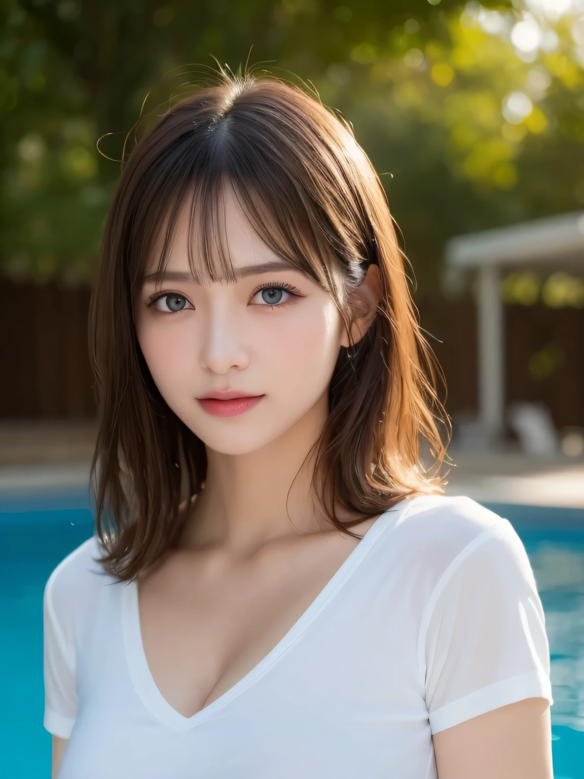 (Highest Quality, Masterpiece: 1.2), (Photorealistic: 1.4), Ultra Photorealistic, Sharpest Photo, Ultra High Resolution, Raw Photo, 8k, 32k, HD, UHD, High Resolution, High Contrast, Super Detail , 25 years Female, delicate face, cute smile, beautiful face, beautiful hair, realistic skin texture, shiny skin, rich colors. Curvaceous voluptuous body, long blonde hair perfectly wavy, cameltoe, highly detailed blue eyes with long eyelashes, sensual smile, standing figure, sheer nipples, coming out of the pool, water, sensuality Beautiful and erotic woman. Wearing a thin white shirt, wet shirt, transparent nipples, natural breasts, big breasts, huge breasts, big breasts, cleavage, erect nipples, glamorous, facing the camera, gentle atmosphere, cinematic lighting, realistic Scene, masterpiece, bokeh, three-dimensional warm lighting, low light, sensual atmosphere. Soft light. Super realistic details. Photorealistic, masterpiece, soft light, 8k. Tania Yusileger. front view, wet hair, wet shirt, perfect hands, perfect feet, perfect fingers, real, wet, sheer nipples