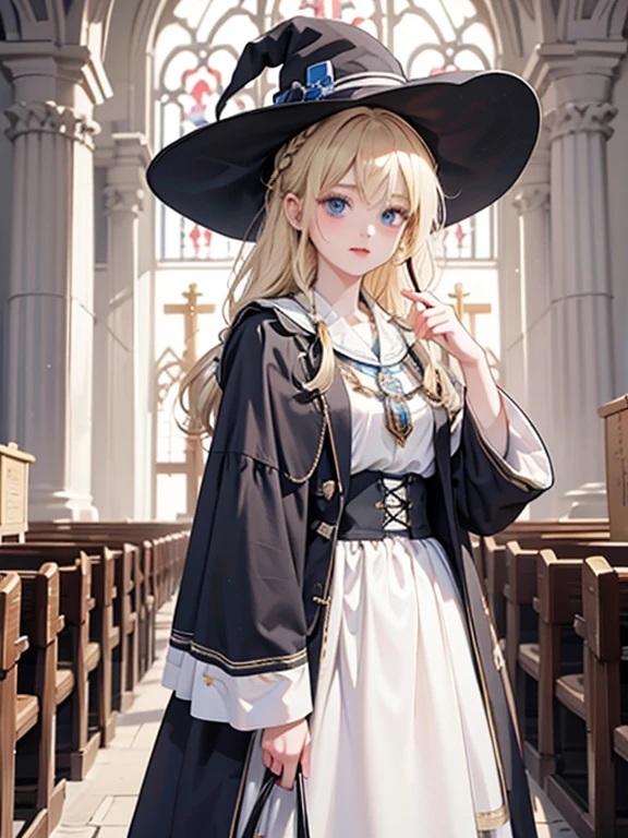 masterpiece, highest quality, Very detailed, 16k, Ultra-high resolution、Cowboy Shot, One -yeld gi Detailed face, Perfect Fingers, blue eyes, Blonde, Braid, Pointed hat, Witch Robe,  Great Temple, Cathedral, Many believers, Stand in the center of the screen