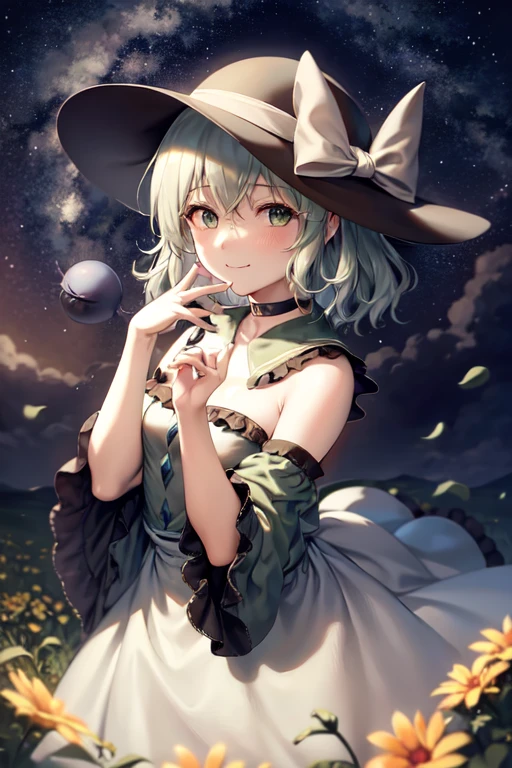 masterpiece, best quality, 1girl, solo, green eyes, komeiji koishi, hat, green hair, Nail Art, flower, blue flower, blue rose, rose, detached sleeves, short hair, bare shoulders, third eye, breasts, bow, smile, petals, dress, from side, medium breasts, looking at viewer, outdoors, black headwear, long sleeves, frills, cloud, wide sleeves, hat bow, closed mouth, choker, alternate costume, sky, black dress, white bow, blush, bangs, hair between eyes, flower field, frilled sleeves, hand up, field, strapless, eyeball, white skirt, cloudy sky, hat ribbon, ribbon, strapless dress, detached collar, finger to cheek, adapted costume, standing, cowboy shot, upper body