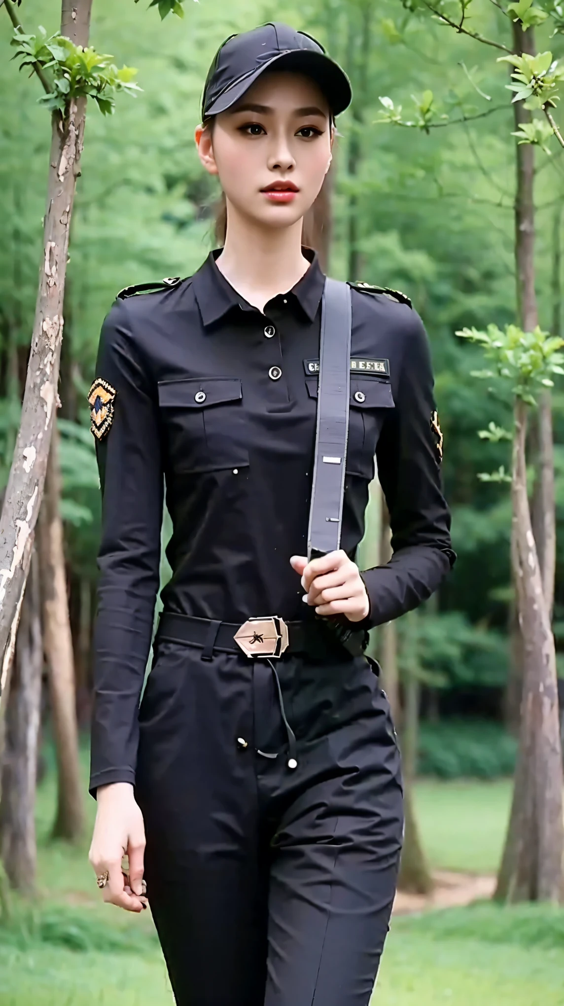 Fashion model 25 years old [[[[close up]]]], [[[[neck]]]], [[[[Shoulder]]]], Perfect eyes, Perfect iris，Perfect lips，Perfect Teeth，Perfect skin，White skin，Soft headlight，High-density imaging review，（Face is clear and delicate），((Tight military uniform))，best quality，masterpiece，（Soft colors：1.2）