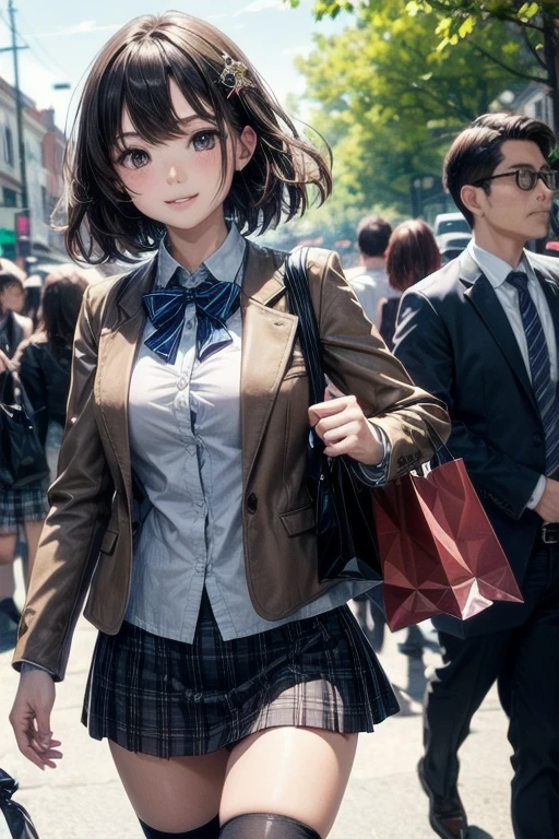 very cute and beautiful girl,(Very detailedな美しい顔),smile,Cowboy Shot,
(Brown jacket:1.2),Collared shirt,Checkered bow tie BREAK Detail legs,zettai ryouiki,Brown shoulder bag,Brown boots,
Stylish pose,Dynamic Angle,hair ornaments,Black Hair,(Blue checked mini skirt:1.2),Shopping Street,summer,street tree,people々,crowd,
(highest quality,masterpiece:1.2),Absurd,High resolution,Very detailedな,Very detailed,32k,8k resolution,
Intricate details,Movie Scenes,Detailed Background,一peopleで,Dynamic Angle,
一peopleで,Natural light,Hair blowing in the wind,Beautifully detailed skies,